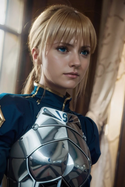 artoria pendragon ((fate stay night)), Ojos verdes, Cabello rubio, Cuerpo delgado y perfecto, ((ufotable)), Ojos realistas, Cuerpo completo,peto en armadura