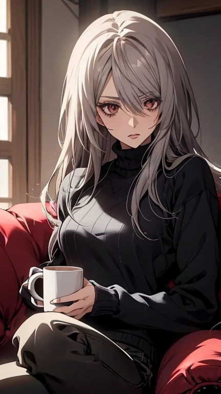 (Confused, High resolution, Very detailed), 1 female, Silver Hair,Long Hair,Reddish brown eyes,Black sweater,Jacket,Black skinny pants,24th generation,beauty,mature,thin,quiet,Calm,talk,sofa,Mug