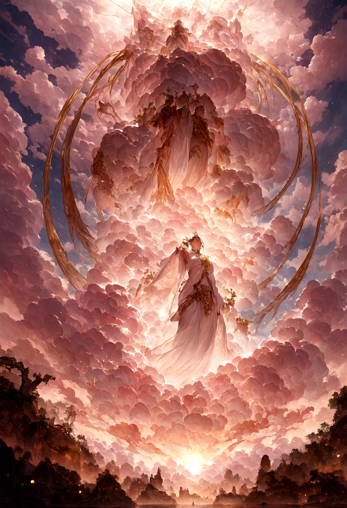 ((Tabletop)),(最high quality)),Chinese style,In the sky, The clouds form a giant transparent and shining white jade Maitreya Buddha statue,Thick Clouds,And the sun was shining bright,Pilgrims' Path,Surreal,Ultra-photorealism,pink,8k,High resolution,high quality,Masterpieces,Ultra-fine,(((OC Renderer))),mens