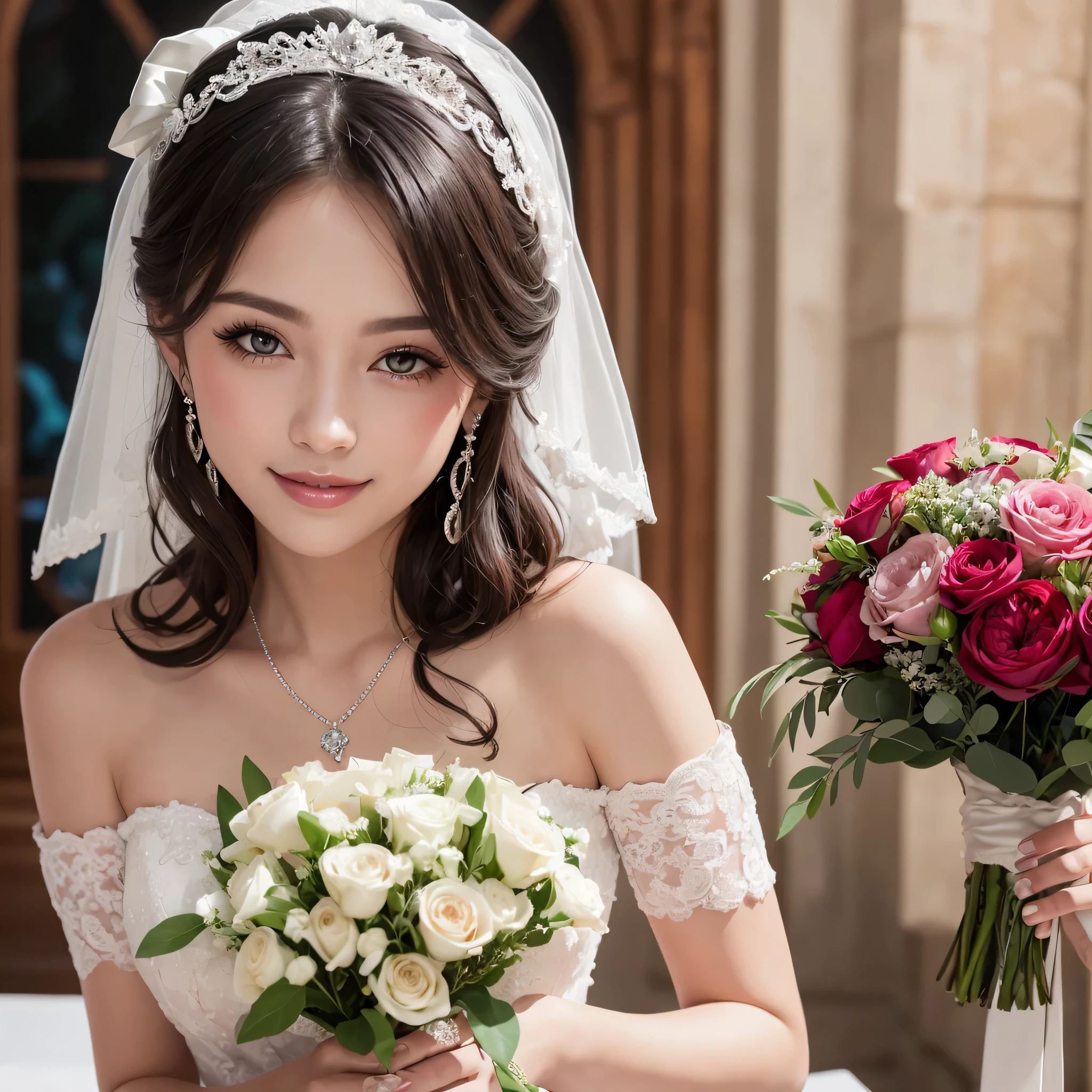 (kawaii face), (flat chest:1.2), happy smile, makeup, (Beautiful frills and lace cute wedding dress, bare shoulders:1.3), (tiaras, necklaces, earrings), Ultra High Definition, Superior Quality, Premier Quality, ultra detailed, Photorealistic, 8k, RAW Photos, highest quality, masterpiece, professional photography, Realistic portrait, Beautiful detailed, Close up portrait of girl, (chapel, stained glass), bouquet, flower decoration, beautiful bride pictures, (Fine face:1.2),