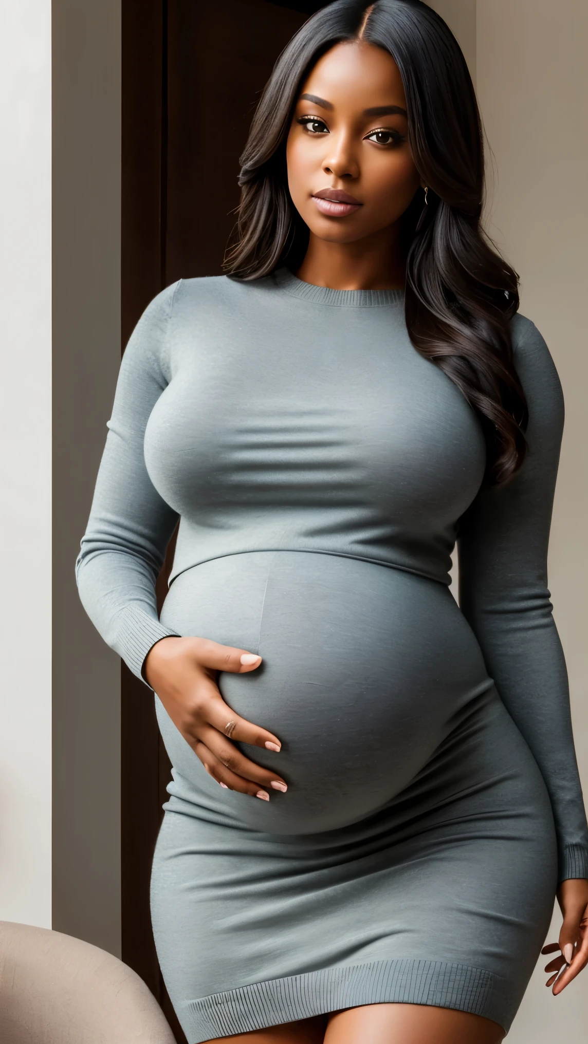 A gorgeous Woman, with a subtle and muted color palette, is captured in an 8k resolution, 70 mm frame. Her physique boasts a striking contrast, with a small waist giving way to gigantic breasts, enormous thighs, and hips that broaden to a curvaceous buttocks, ((pregnant)). Her dark skin shines under the soft, natural light, the swoon-worthy figure accentuated by the sweater dress she dons, leaving her seductive allure undeniable. Her pose is effortlessly alluring, her deep-set, mysterious eyes locked onto the viewer.