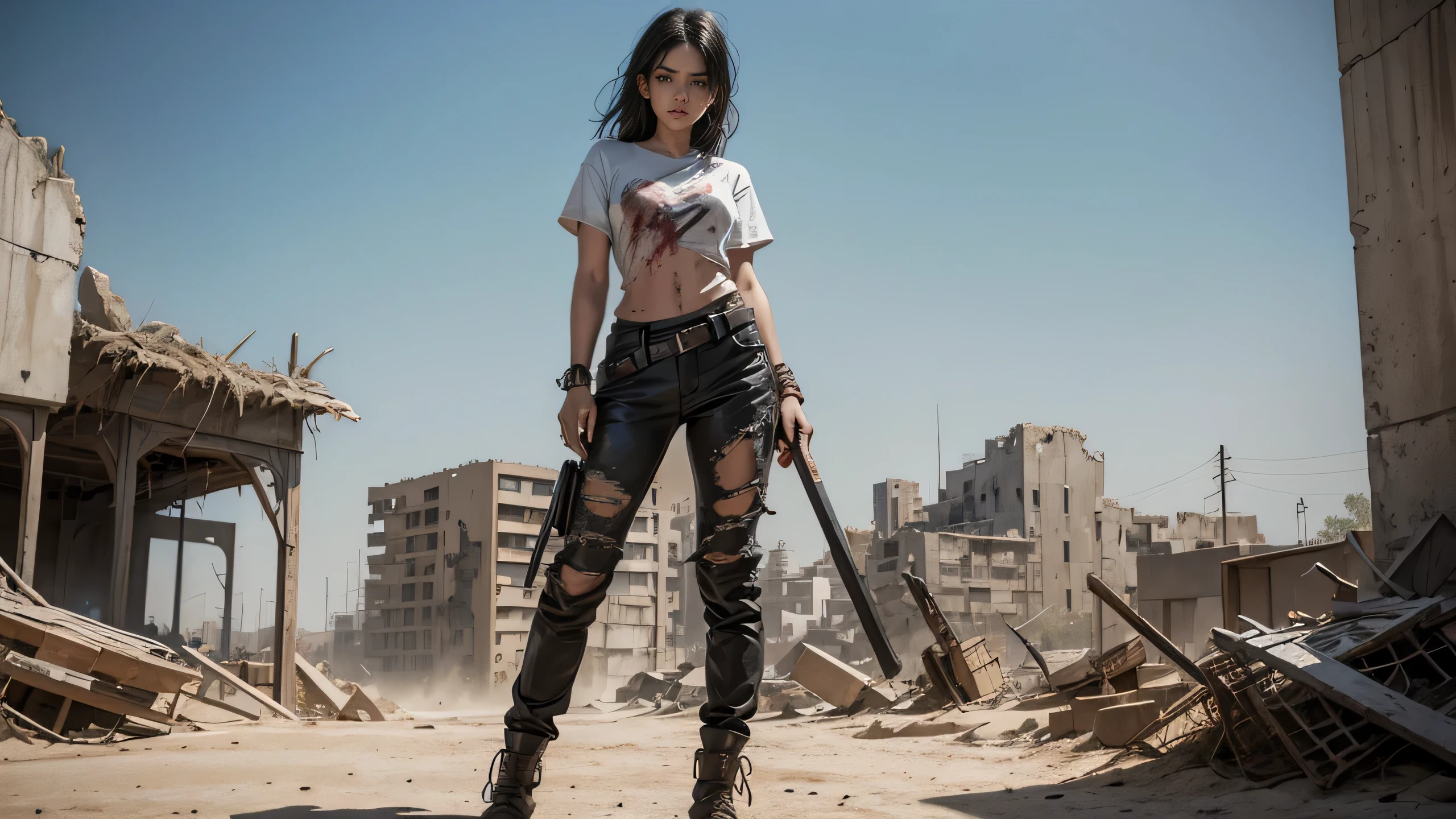 Dry sand dystopian world, dust and wind, in shattered concrette build ruins, servicing beautiful sexy blonde black haired woman victim warrior wearing rags tee shirt and torn under pant, holding sharpend wooden stick tip covered in blood, no armor, no guns, 36k resolution, hyperdetailed, modern impresionism sereal and realism art style (( Sexiest ))