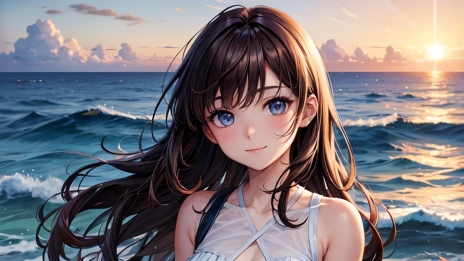 Beautiful woman 1.3, Beautiful brown hair: 1.2, , 夕方のOcean岸: 1.2,beach: 1.1, Ultra-high resolution, Accurate, Super detailed, Textured skin, High detail, highest quality, 8k,Thin bangs,Upper Body,Well-drawn eyes, Focus on the face,White cross strap tank top dress,Detailed hair depiction,Detailed depiction of eyes、Detailed depiction of hair、Sunset、Wave、Ocean、Upper Bodyの描写、smile