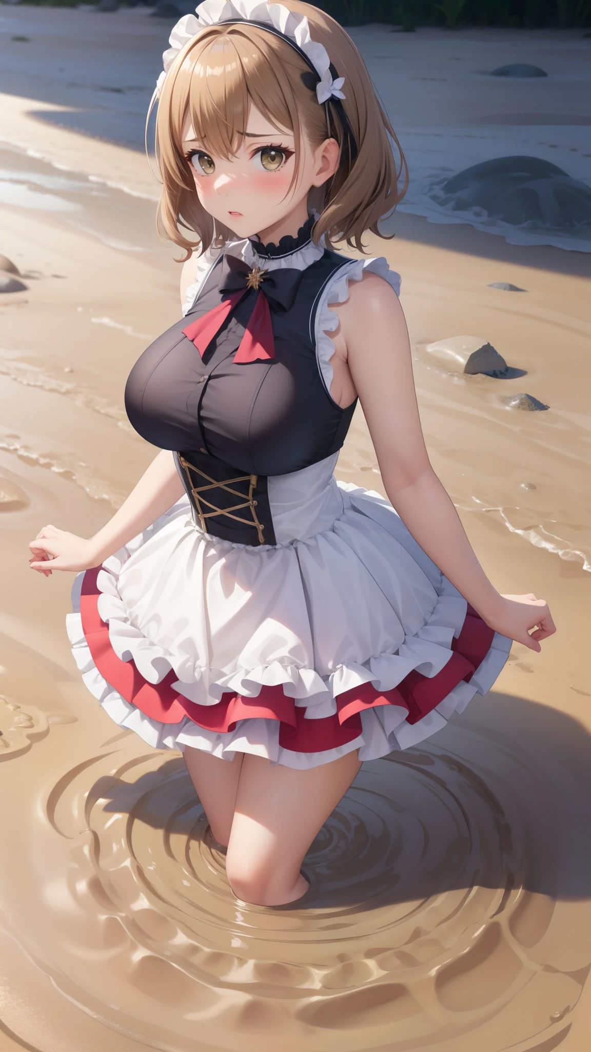masterpiece, best quality, highly detailed, ultra high res, aichan, large breasts, 1girl, (upset),  glossy lips, sleeveless idol dress, very puffy skirt, flared skirt, (quicksand:1.4), 