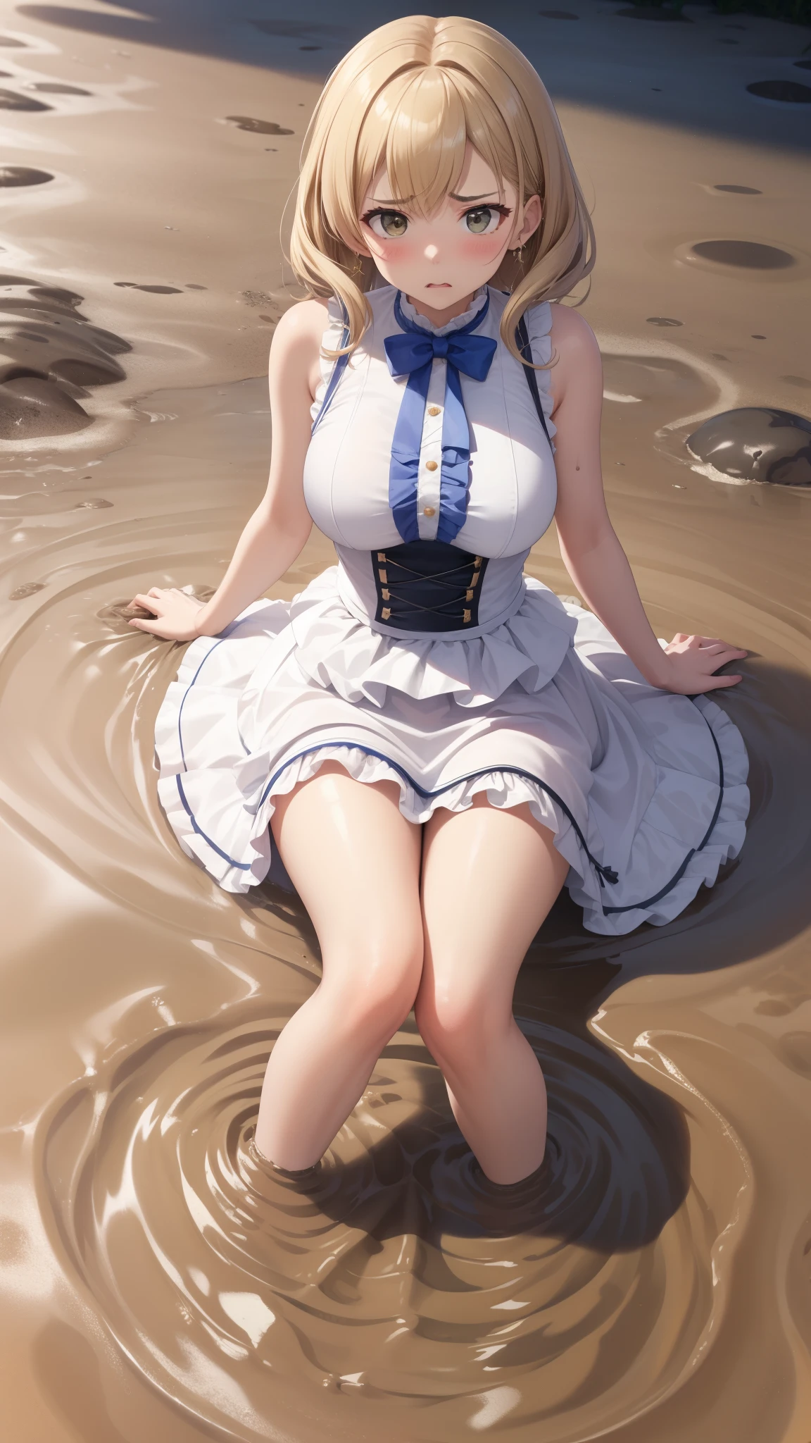 masterpiece, best quality, highly detailed, ultra high res, aichan, large breasts, 1girl, (upset),  glossy lips, sleeveless idol dress, very puffy skirt, flared skirt, (quicksand:1.4), 