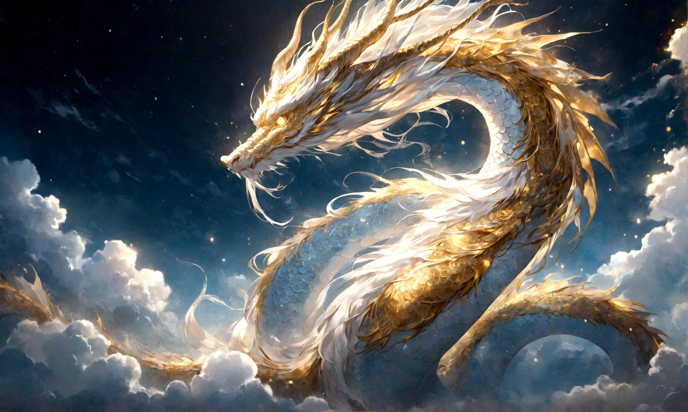 Silver dragon god, gentle gaze, fantastic background, moonlight background, sea of ​​clouds background, golden splashes, mysterious, sacred light, mythical creature, traditional Chinese dragon, mythology, speckled light, hazy haze, mysterious aura, masterpiece, fantastic and graceful dragon, good luck, fantasy art
