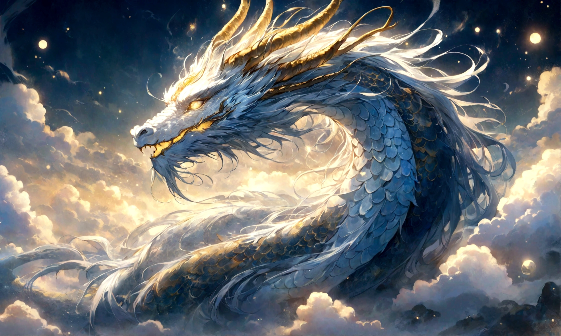 Silver dragon god, gentle gaze, fantastic background, moonlight background, sea of ​​clouds background, golden splashes, mysterious, sacred light, mythical creature, traditional Chinese dragon, mythology, speckled light, hazy haze, mysterious aura, masterpiece, fantastic and graceful dragon, good luck, fantasy art