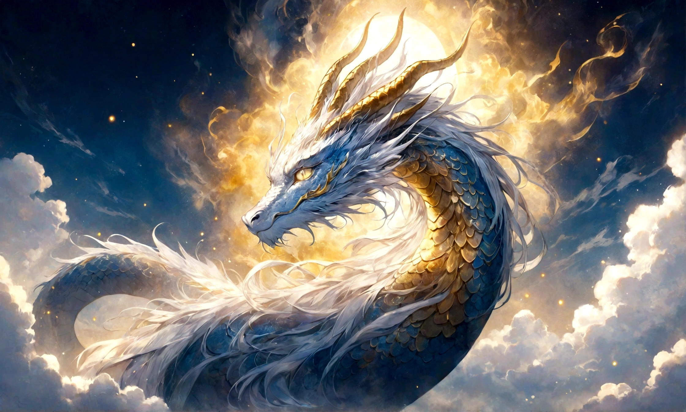 Silver dragon god, gentle gaze, fantastic background, moonlight background, sea of ​​clouds background, golden splashes, mysterious, sacred light, mythical creature, traditional Chinese dragon, mythology, speckled light, hazy haze, mysterious aura, masterpiece, fantastic and graceful dragon, good luck, fantasy art