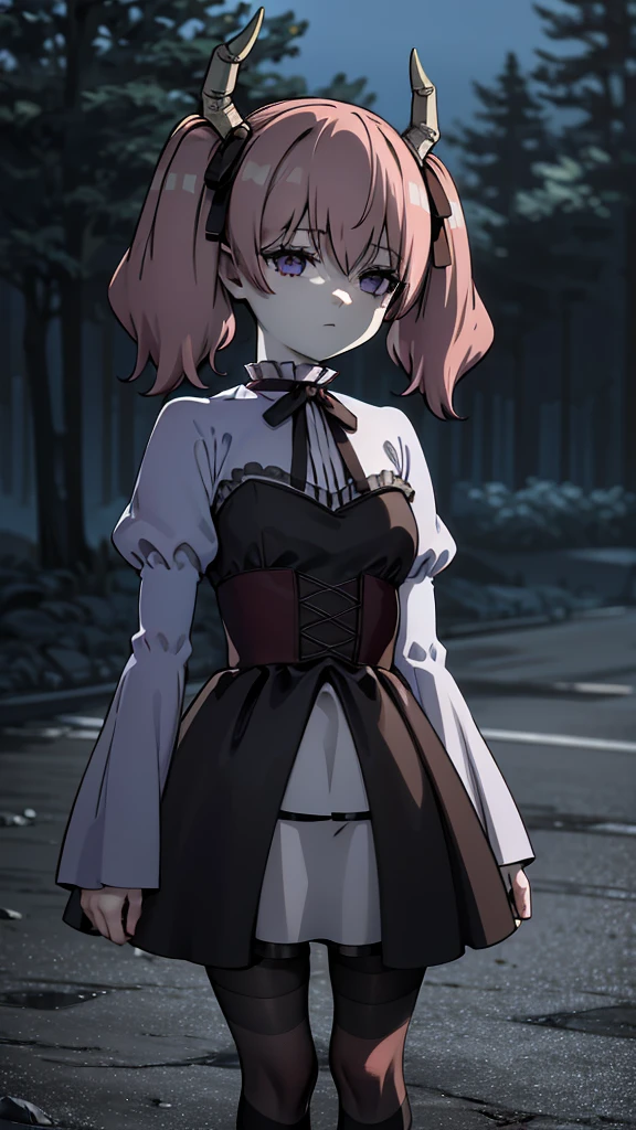 Linear,One girl,alone,Short Twin Tails,Hair between the eyes,Pink Hair,Medium Hair,Devil horns,Dark red hair ribbon,Pointed Ears,Purple eyes, Ruffled shirt collar,Dark red choker,White frill shirt,Juliet Sleeve,Long sleeve,Dark red neck ribbon,Dark red dress,White ruffle dress,White layered dress, Micro Mini Skirt, Brown corset,Fishnet pantyhose, Mary Jane,Outdoor, Courtesy, Amazing visuals, High resolution,masterpiece,highest quality,Amazing visuals,High resolution,masterpiece,highest quality,************,young woman,Beautiful fingers,Beautiful long legs,Beautiful body,Beautiful character design, Medium breast,