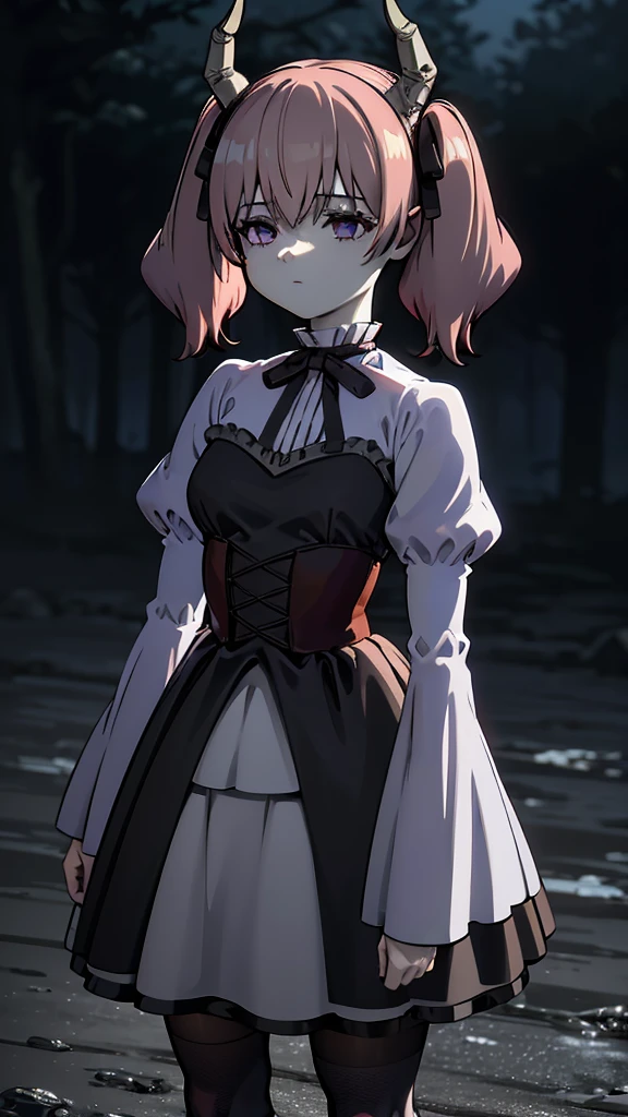 Linear,One girl,alone,Short Twin Tails,Hair between the eyes,Pink Hair,Medium Hair,Devil horns,Dark red hair ribbon,Pointed Ears,Purple eyes, Ruffled shirt collar,Dark red choker,White frill shirt,Juliet Sleeve,Long sleeve,Dark red neck ribbon,Dark red dress,White ruffle dress,White layered dress, Micro Mini Skirt, Brown corset,Fishnet pantyhose, Mary Jane,Outdoor, Courtesy, Amazing visuals, High resolution,masterpiece,highest quality,Amazing visuals,High resolution,masterpiece,highest quality,,young woman,Beautiful fingers,Beautiful long legs,Beautiful body,Beautiful character design, Medium breast,