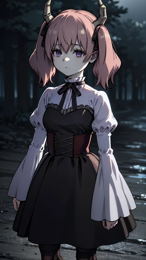 Linear,One girl,alone,Short Twin Tails,Hair between the eyes,Pink Hair,Medium Hair,Devil horns,Dark red hair ribbon,Pointed Ears,Purple eyes, Ruffled shirt collar,Dark red choker,White frill shirt,Juliet Sleeve,Long sleeve,Dark red neck ribbon,Dark red dress,White ruffle dress,White layered dress, Micro Mini Skirt, Brown corset,Fishnet pantyhose, Mary Jane,Outdoor, Courtesy, Amazing visuals, High resolution,masterpiece,highest quality,Amazing visuals,High resolution,masterpiece,highest quality,************,young woman,Beautiful fingers,Beautiful long legs,Beautiful body,Beautiful character design, Medium breast,