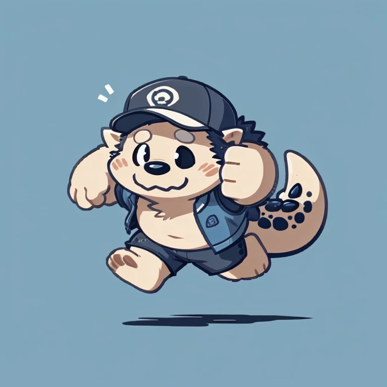 dragon face,Cute face,Humanity(dragon), (cap, running) ,(Sideways, sidled), Chubby,(white eyebrows:1.1),(perfect black eyes),Simple background, Blue Background,print style。（Artist:Takemoto Arashi