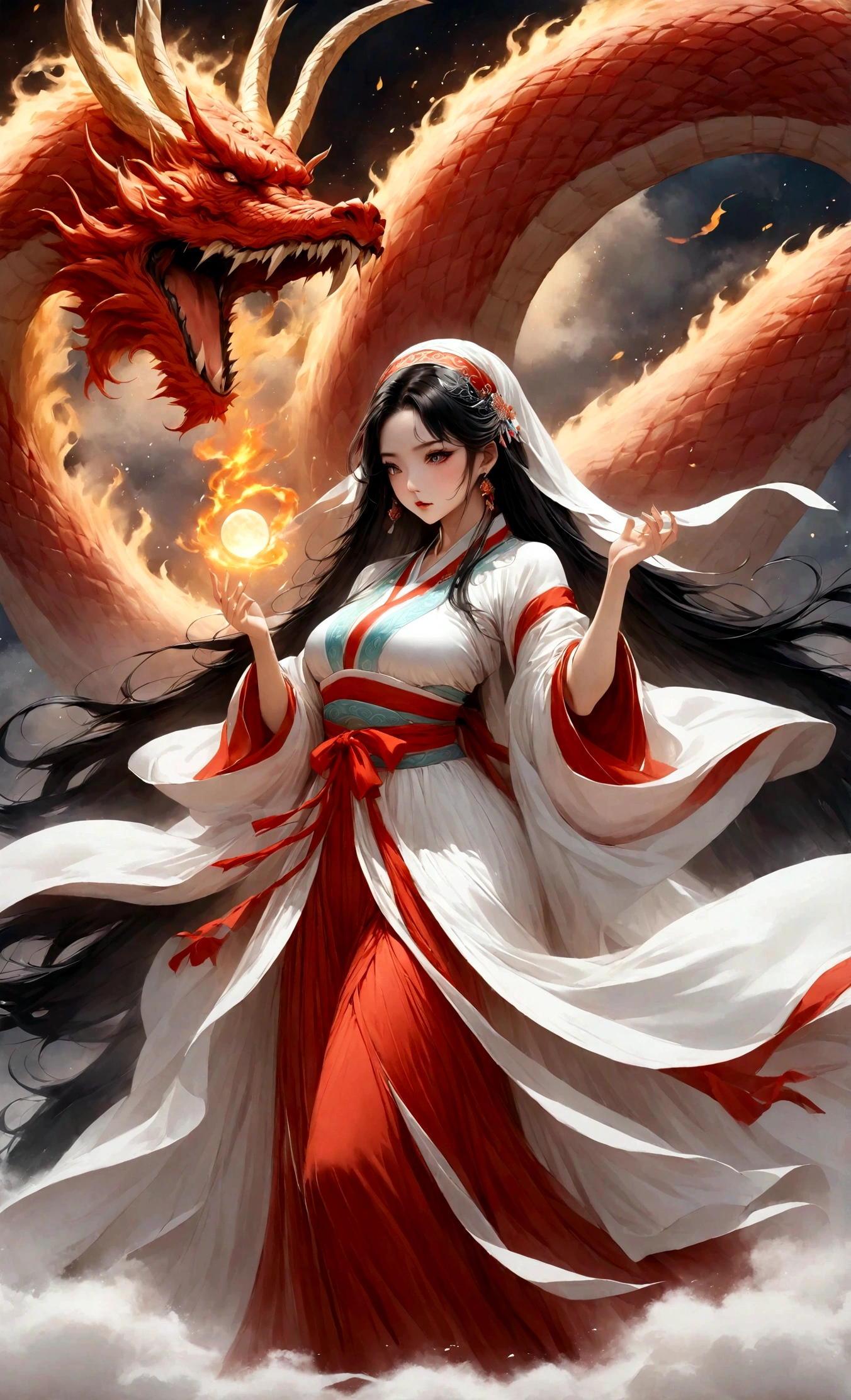 highest quality, Ultra-high resolution,A shrine maiden wearing red hakama is dancing in front of a giant dragon.、Dynamic Movement、Full moon night、Real、The dragon&#39;s head１t、竜の胴は一t、Fantasy、Swirling Flames