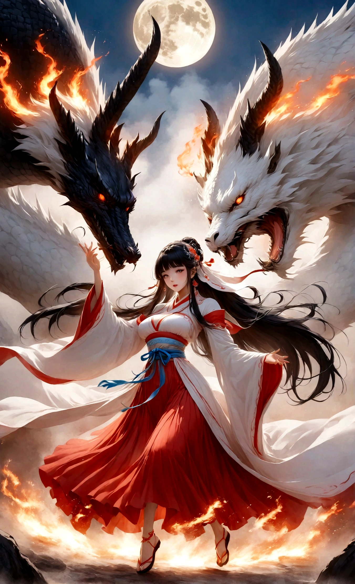 highest quality, Ultra-high resolution,A shrine maiden wearing red hakama is dancing in front of a giant dragon.、Dynamic Movement、Full moon night、Real、The dragon's head1t、竜の胴は一t、Fantasy、Swirling Flames
