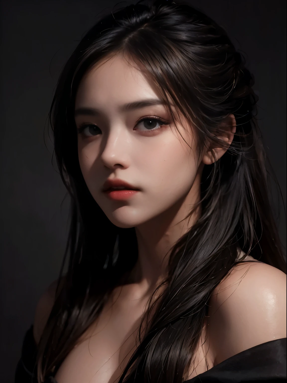 best quality, masterpiece, ultra high resolution, (realistic:1.4), RAW photos, 1 woman, Off shoulder, in the dark, deep shadows, low key, cold light