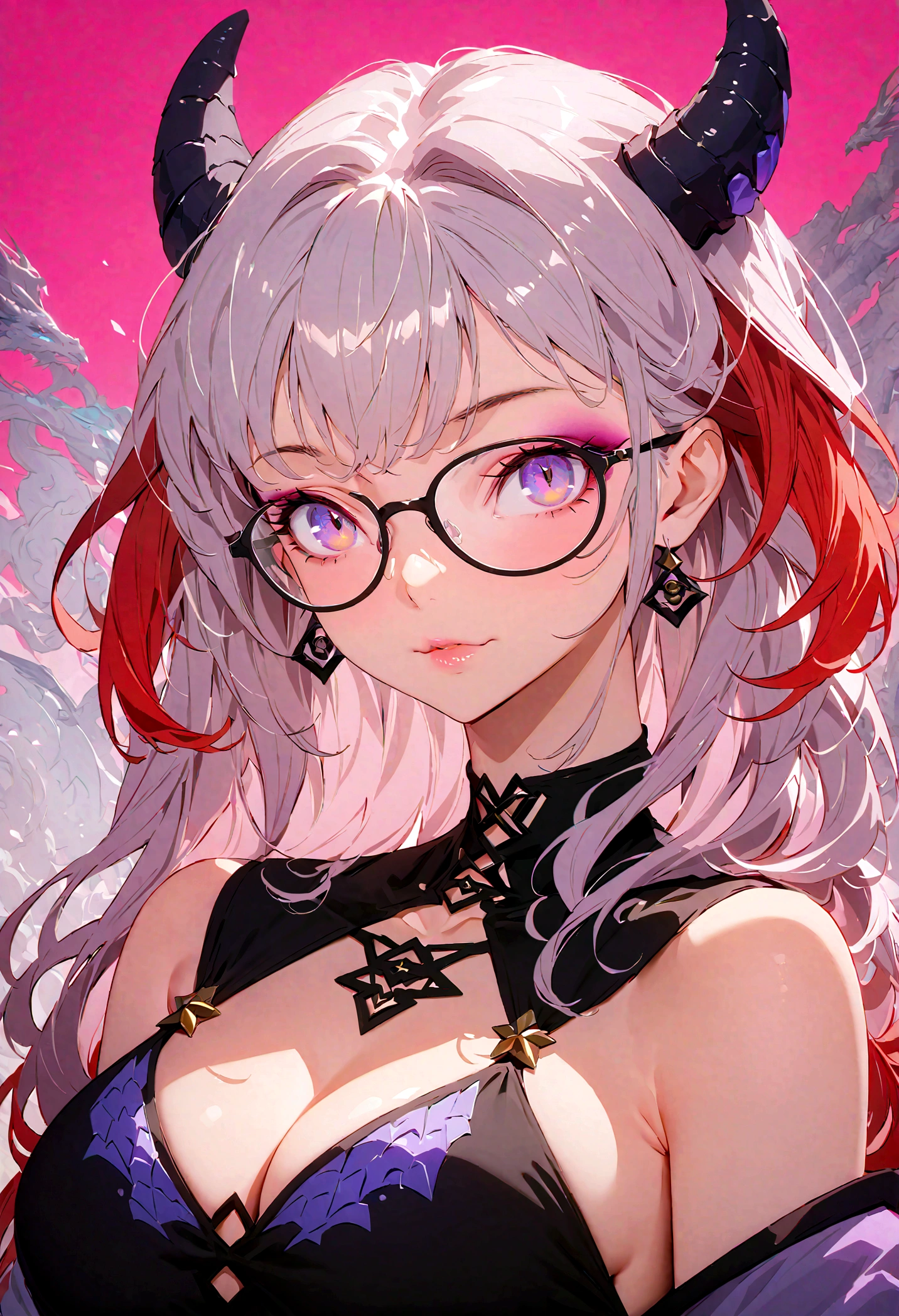 best quality,masterpiece,ultra high res,intricate detail,8K,sharp focus,((no text)),(extremely detailed CG unity 8k wallpaper),Center, 1 Girl,(Dragon Rider:1.2), Red hair, Violet Eye, Long wavy hair,Vivid colors, epic work, Epic Proportions, HD perfect face, exquisite makeup,close up,glasses