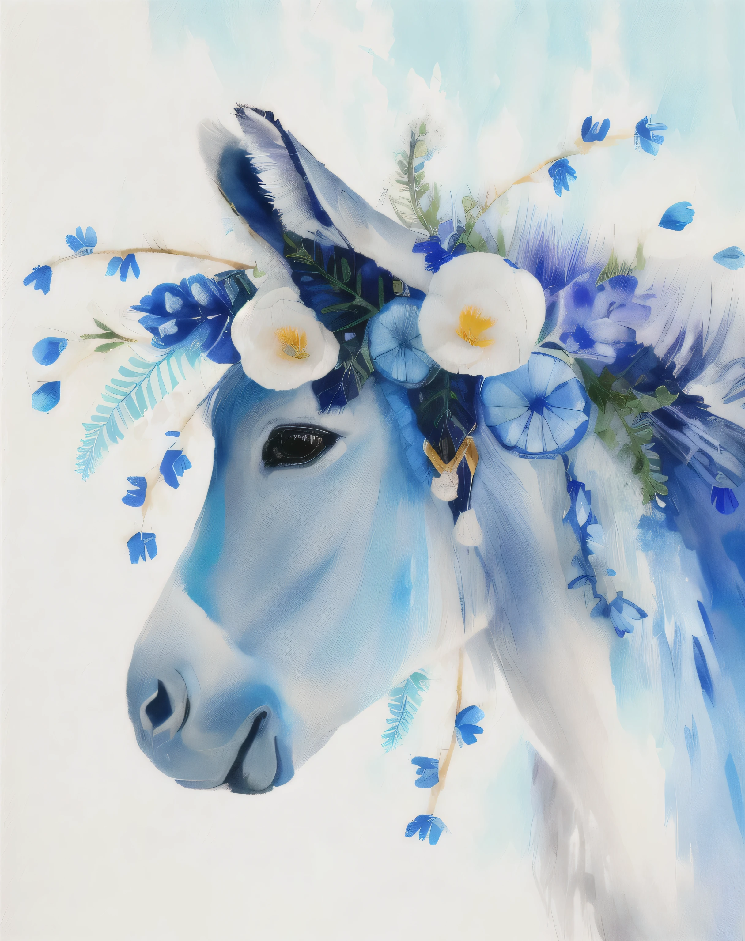 painting of a blue donkey with flowers on its head, blue unicorn, wild beautiful donkey, donkey, animal painting, by Lisa Milroy, by Jeka Kemp, llama anthro portrait, by Nancy Carline, by Nancy Graves, with a blue background, jen bartel, by Caroline Chariot-Dayez, inspired by George Stubbs, anthropomorphic horse