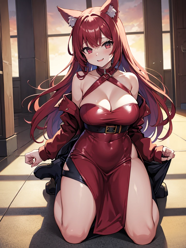 Happy woman, with wolf ears and red hair, holding her cheeks, wolf tail, wearing a latex dress, looking at veiwer, full body, you can see her chest, naked breasts