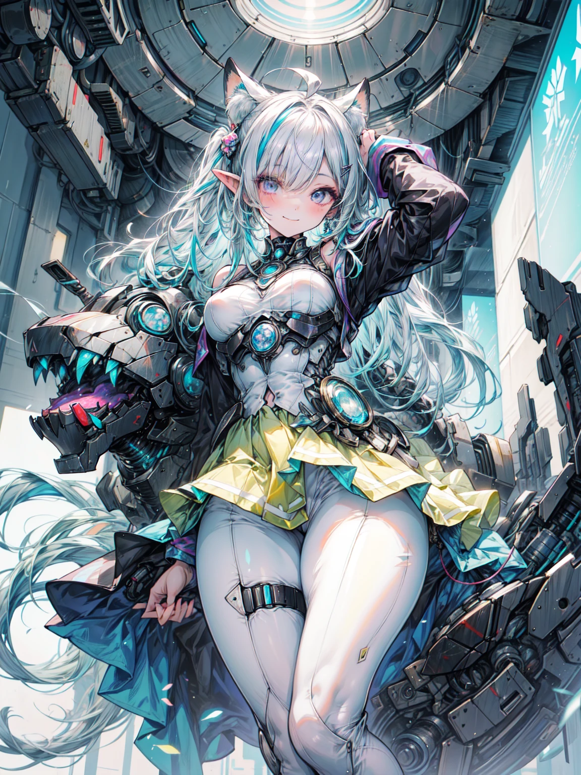 masterpiece,highest quality,One Girl,Sulvangelica,Hair intake,hair ornaments,Aqua Hair,blue eyes,Glasses,Yellow Uniform,Removable sleeves,Yellow Skirt,pantyhose,Big Breasts,Wide Hips,Thick thighs,smile,Sitting,(Put your hands in your hair),Tilt your head,Inside the spaceship,sf,indoor,Cowboy Shot,From below,Organic Armor Cyborg、Machine Armor、Armor Texture、Blake、（Dark Elf), (1 girl), alone, Perfect Face, Get used to it, Ahoge, ((Long Hair:1.2)), (Hair above one eye:1.3), [[Messy Hair]], Shiny blonde white hair, Purple eyes, Variegated eyes, Colorful Hair, Shining Eyes, (eyelash, eye shadow, pink eye shadow), bright, smile, design art by Mikimoto Haruhiko, by Kawashi, by Yoshitaka Amano
