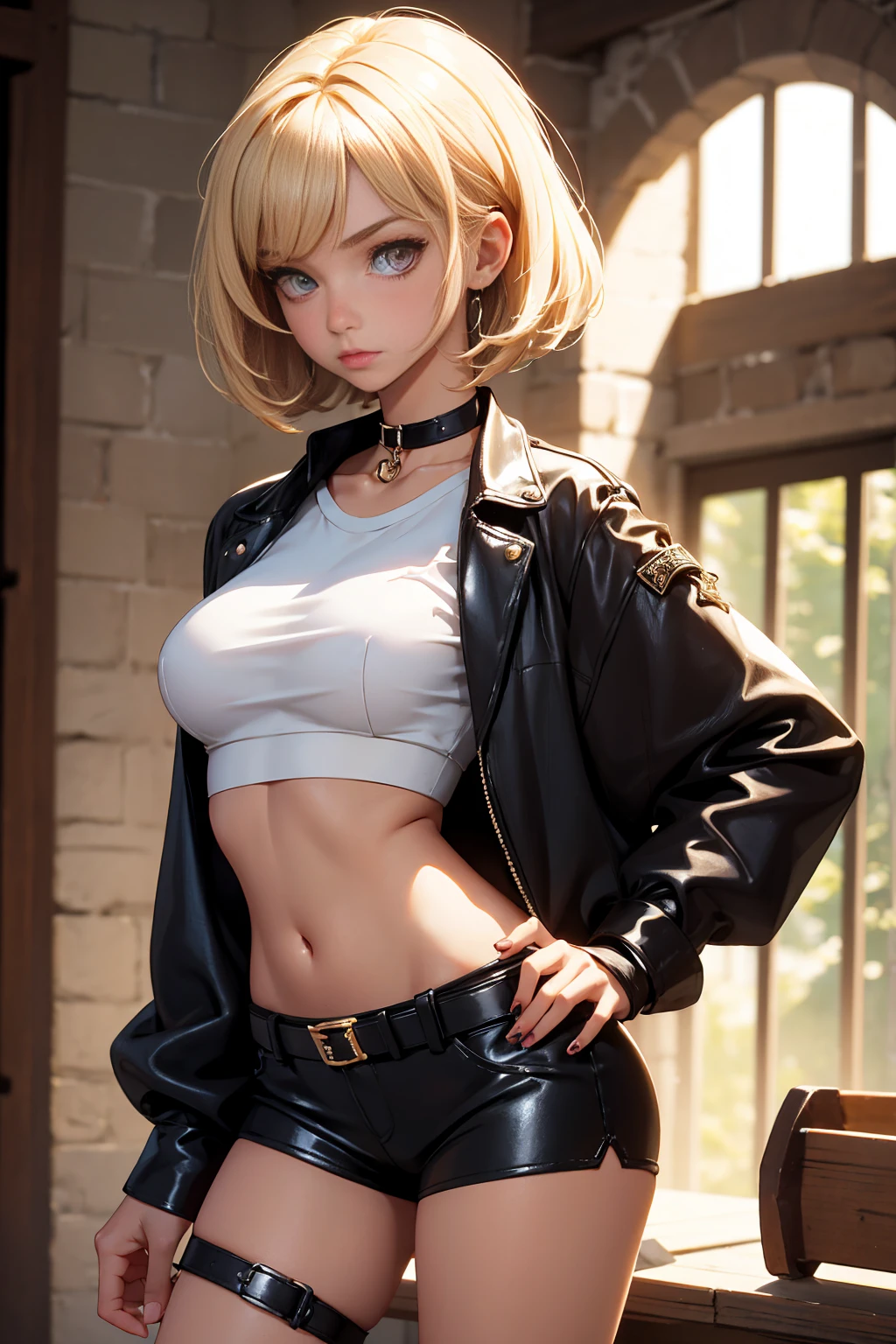 age girl 20 years old, hot model, blonde, bob hairstyle, bangs, brown eyes, makeup, manicure, very tanned, crop sleeve shirt, very short mini shorts, bracelets, choker, belt, beautiful long legs, beautiful thigh line, hands on hips, flirty posing, sexy girl, slave girl, punished girl, prison girl, handcuffs and shackles on her hands, dungeon, haunted castle, aesthetics, top quality,