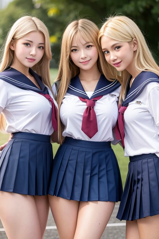 Blonde, 4K, show off breasts, show off panties, high school girl, 3 people,Pleated skirt,skirt lift, Sailor suit