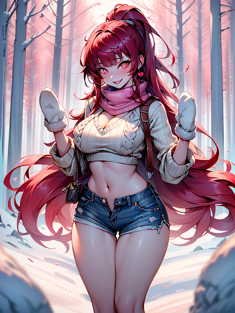 explorer girl,1girl,((extremely cute and beautiful red haired explorer girl)),(((18 years old))),(large breasts:1.4),((((red hair:1.35,absurdly long unkempt hair,ponytail red hair,bangs,colored inner hair,ear breathing)))),(((red_eyes:1.3))),intricate eyes,beautiful detailed eyes,symmetrical eyes,((((lustrous skin:1.5,tanned skin,bright skin:1.5,skin tanned,shiny skin,very shiny skin,shiny body)))),(spider lower abdomen,narrow waist,wide hip,athletic body,inflated legs,thick thighs,detailed body,(detailed face)),((heart pupils:1.5,heart:1.3,hearts:1.3,heart marks:1.3)),(ahegao face:1.5),
cute,slutty,seductive,erotic,(nsfw),
((large white socks:1.5,socks texture must be natural)),((deep V sweater:1.5)),((no bottoms)),((white mittens:1.5,white scarf:1.5),((navel)),((shorts,short shorts,denim shorts)),(((unzipped, open fly))),
(dynamic pose:1.0),embarrassed,(centered,scale to fit dimensions,Rule of thirds),
((snowy pink cherry forest:1.5,pink theme forest:1.5)),winter,scenery:1.25,((intricate scenery)),((snow forest background)),Christmas tree,
(Glossy winter ornaments),highres,sharp focus,(ultra detailed,extremely detailed),(photorealistic artwork:1.37),(extremely detailed CG unity 8k wallpaper),(((vibrant colors,vibrant theme))),(intricate),(masterpiece),(best quality),