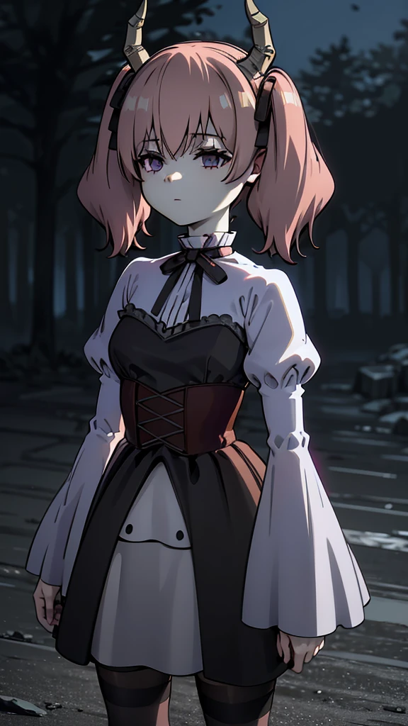 Linear,One girl,alone,Short Twin Tails,Hair between the eyes,Pink Hair,Medium Hair,Devil horns,Dark red hair ribbon,Pointed Ears,Purple eyes, Ruffled shirt collar,Dark red choker,White frill shirt,Juliet Sleeve,Long sleeve,Dark red neck ribbon,Dark red dress,White ruffle dress,White layered dress, Micro Mini Skirt, Brown corset,Fishnet pantyhose, Mary Jane,Outdoor, Flip up the skirt, Amazing visuals, High resolution,masterpiece,highest quality,Amazing visuals,High resolution,masterpiece,highest quality,************,young woman,Beautiful fingers,Beautiful long legs,Beautiful body,Beautiful character design, Medium breast, smile,