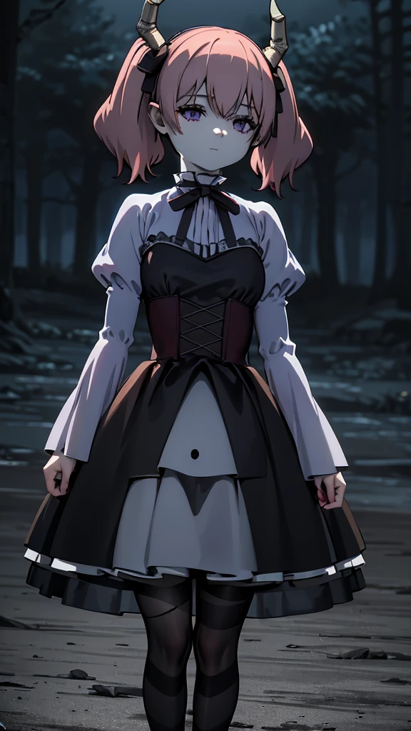 Linear,One girl,alone,Short Twin Tails,Hair between the eyes,Pink Hair,Medium Hair,Devil horns,Dark red hair ribbon,Pointed Ears,Purple eyes, Ruffled shirt collar,Dark red choker,White frill shirt,Juliet Sleeve,Long sleeve,Dark red neck ribbon,Dark red dress,White ruffle dress,White layered dress, Micro Mini Skirt, Brown corset,Fishnet pantyhose, Mary Jane,Outdoor, Flip up the skirt, Amazing visuals, High resolution,masterpiece,highest quality,Amazing visuals,High resolution,masterpiece,highest quality,,young woman,Beautiful fingers,Beautiful long legs,Beautiful body,Beautiful character design, Medium breast, smile,