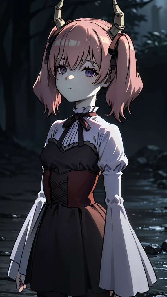 Linear,One girl,alone,Short Twin Tails,Hair between the eyes,Pink Hair,Medium Hair,Devil horns,Dark red hair ribbon,Pointed Ears,Purple eyes, Ruffled shirt collar,Dark red choker,White frill shirt,Juliet Sleeve,Long sleeve,Dark red neck ribbon,Dark red dress,White ruffle dress,White layered dress, Micro Mini Skirt, Brown corset,Fishnet pantyhose, Mary Jane,Outdoor, Flip up the skirt, Amazing visuals, High resolution,masterpiece,highest quality,Amazing visuals,High resolution,masterpiece,highest quality,,young woman,Beautiful fingers,Beautiful long legs,Beautiful body,Beautiful character design, Medium breast, smile,