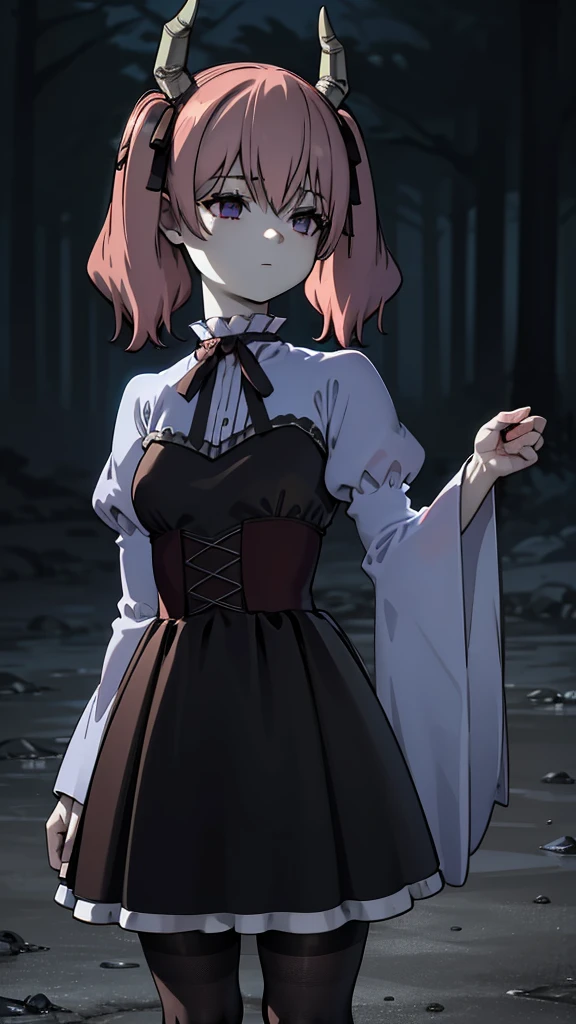 Linear,One girl,alone,Short Twin Tails,Hair between the eyes,Pink Hair,Medium Hair,Devil horns,Dark red hair ribbon,Pointed Ears,Purple eyes, Ruffled shirt collar,Dark red choker,White frill shirt,Juliet Sleeve,Long sleeve,Dark red neck ribbon,Dark red dress,White ruffle dress,White layered dress, Micro Mini Skirt, Brown corset,Fishnet pantyhose, Mary Jane,Outdoor, Flip up the skirt, Amazing visuals, High resolution,masterpiece,highest quality,Amazing visuals,High resolution,masterpiece,highest quality,************,young woman,Beautiful fingers,Beautiful long legs,Beautiful body,Beautiful character design, Medium breast, smile,