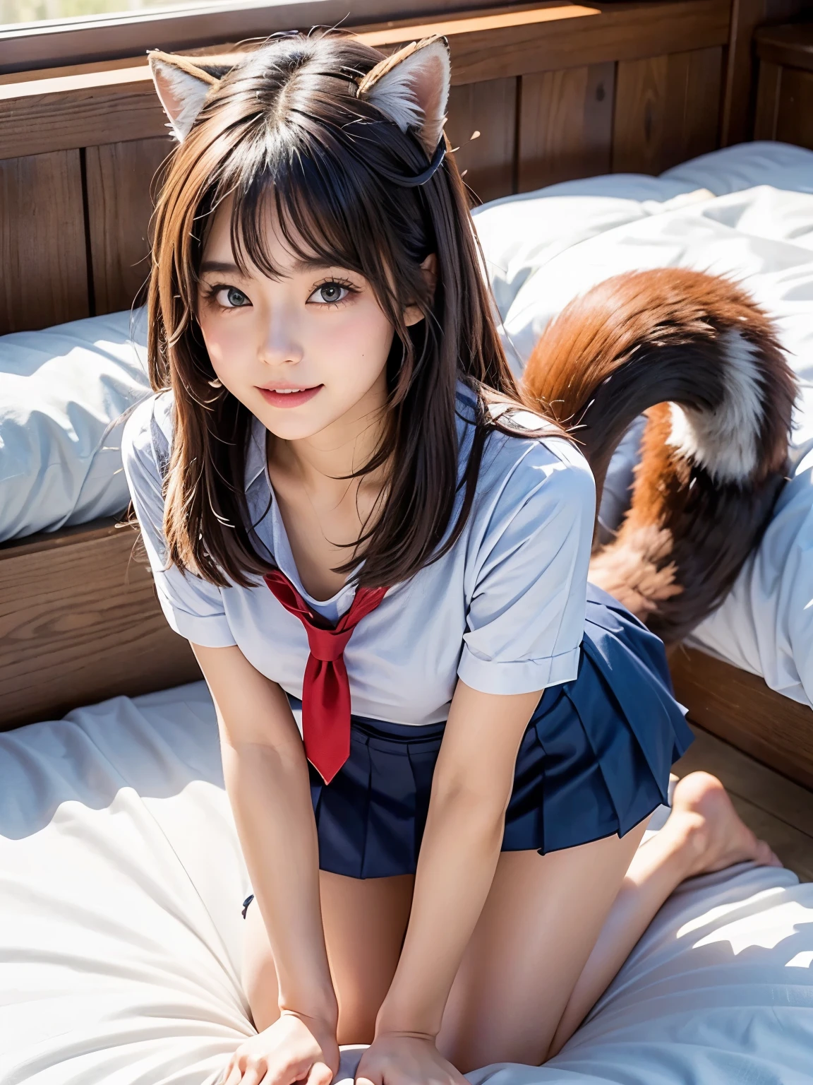 ((highest quality, 32k)), ((masterpiece)), (Familiar), Perfect Face, , pretty girl, On the bed, Has a tail, She has one red fox tail.., She stands up her fluffy tail, Beautiful hip line, Small breasts, She is wearing a cute  uniform, A large tail sticks out, Climbing on all fours, Slender body, She looks shyly at her tail, Her tail pushes up her skirt to reveal her white panties, A red fox tail protrudes from the hem of her skirt.