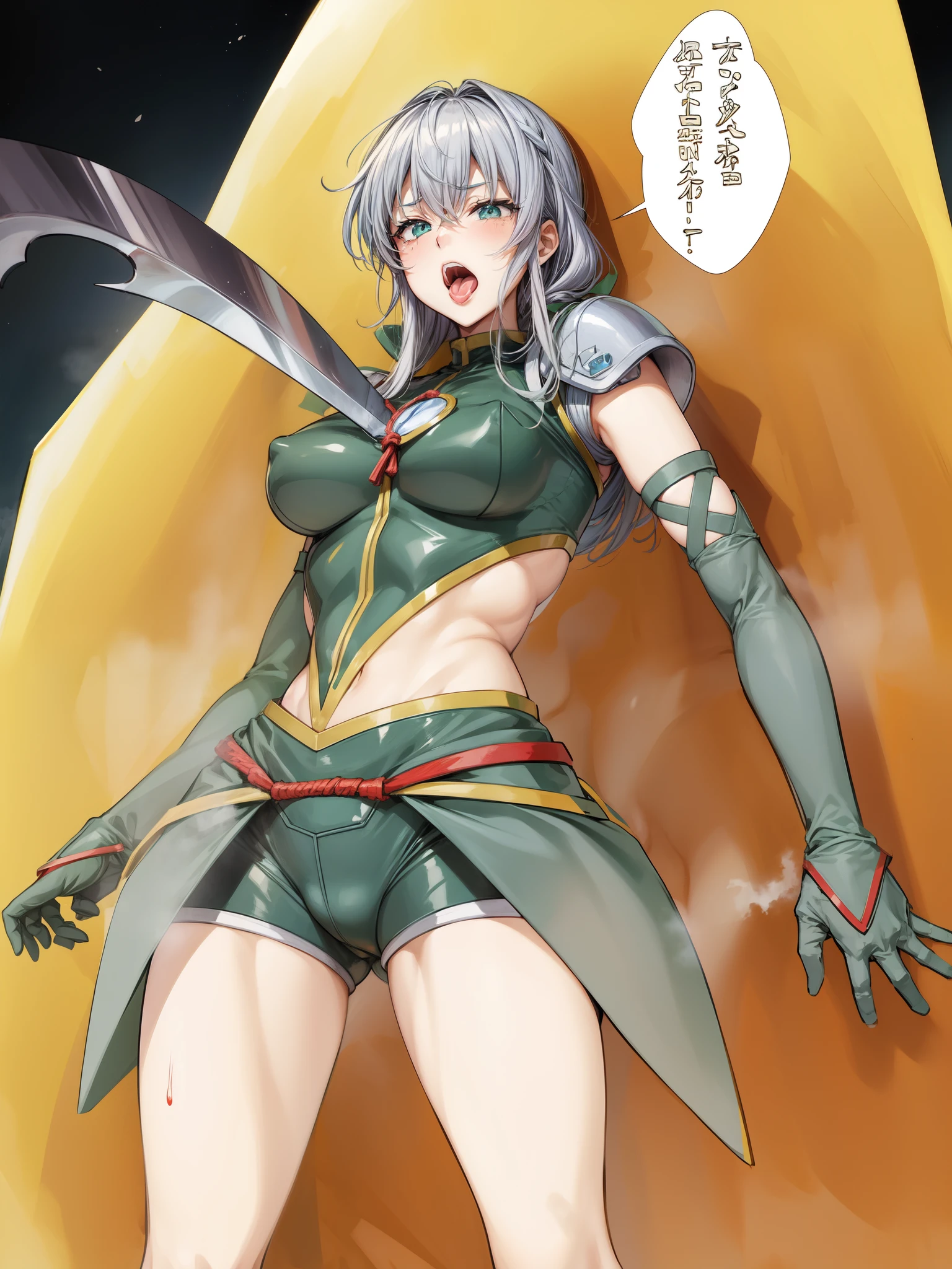 Female Combatant、Japanese girl、Close-up of a girl in a green leotard、Green gloss leotard、Green Boots、Green gloves、Saiyan Girl, wonderful, Nano Girl, Female body type, Inspired by Hiromu Arakawa, Anime Manga Robot!! Anime Girls, Fubuki, Full Body Suit, by Hiromu Arakawa、wonderful, silk, Beautiful and attractive anime teen, Anime Girls of the future, tears,Drooling,Pee,Sweat,Tongue out,incontinence,Peeing、Estrus、Eyes wide open,Estrus,Blushing,Nipples are erect,Face is hot、Lust、incontinence、Bow-legged、Stabbed in the chest with a knife、Blood is flowing from the bite site