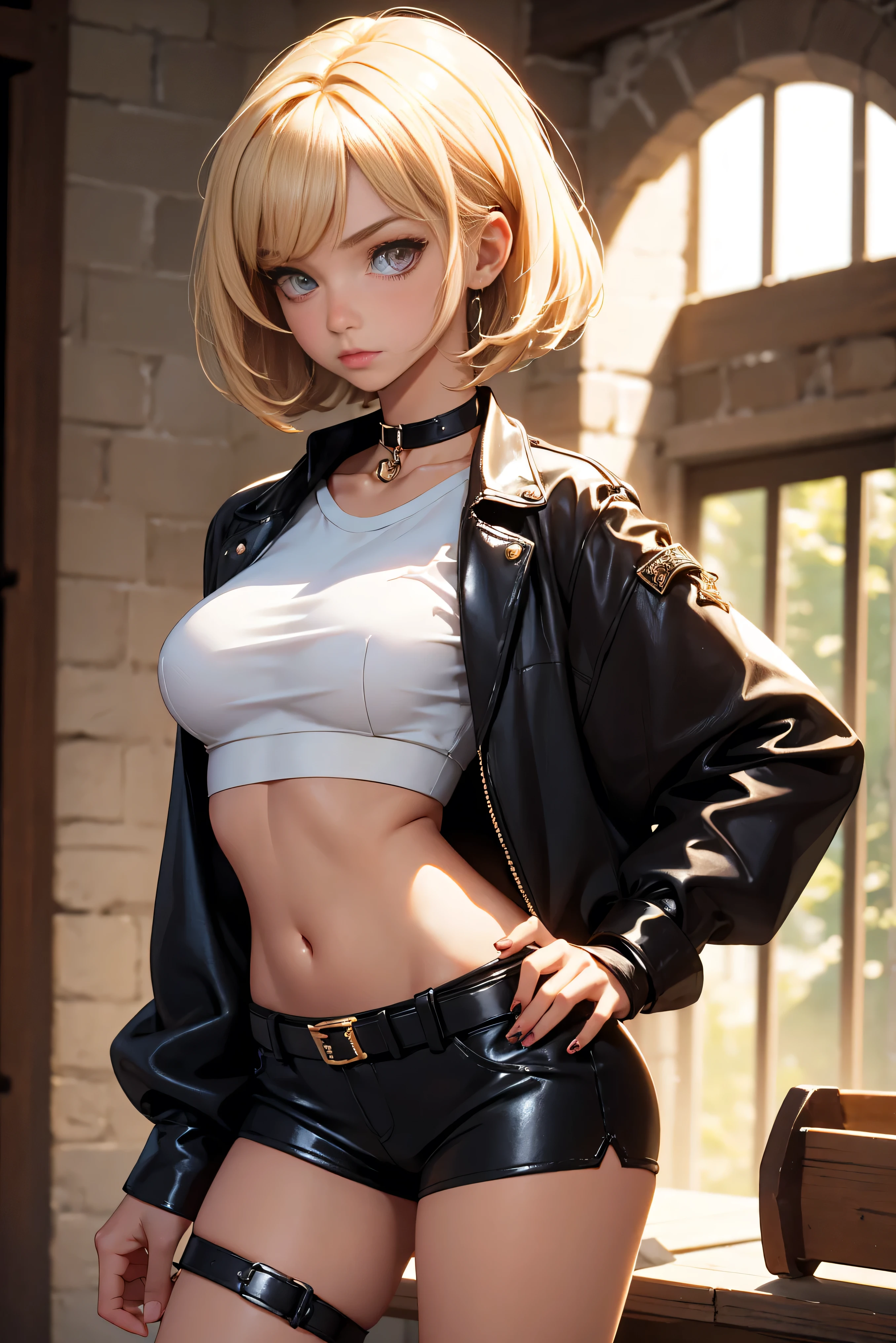 Teenage girl 20 years old, hot model, blonde, bob hairstyle, bangs, brown eyes, makeup, manicure, very tanned, crop sleeve shirt, very short mini shorts, bracelets, choker, belt, beautiful long legs, beautiful thigh line, hands on hips, flirty posing, sexy girl, slave girl, punished girl, prison girl, handcuffs and shackles on her hands, dungeon, haunted castle, aesthetics, top quality,