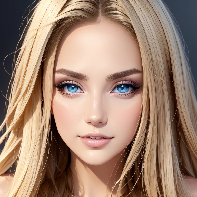 1girl, bare shoulders, blonde hair, blue eyes, detailed eyes, lips, lipstick, long hair, looking at viewer, makeup, parted lips, realistic, solo high quality, detailed, 8k, masterpiece