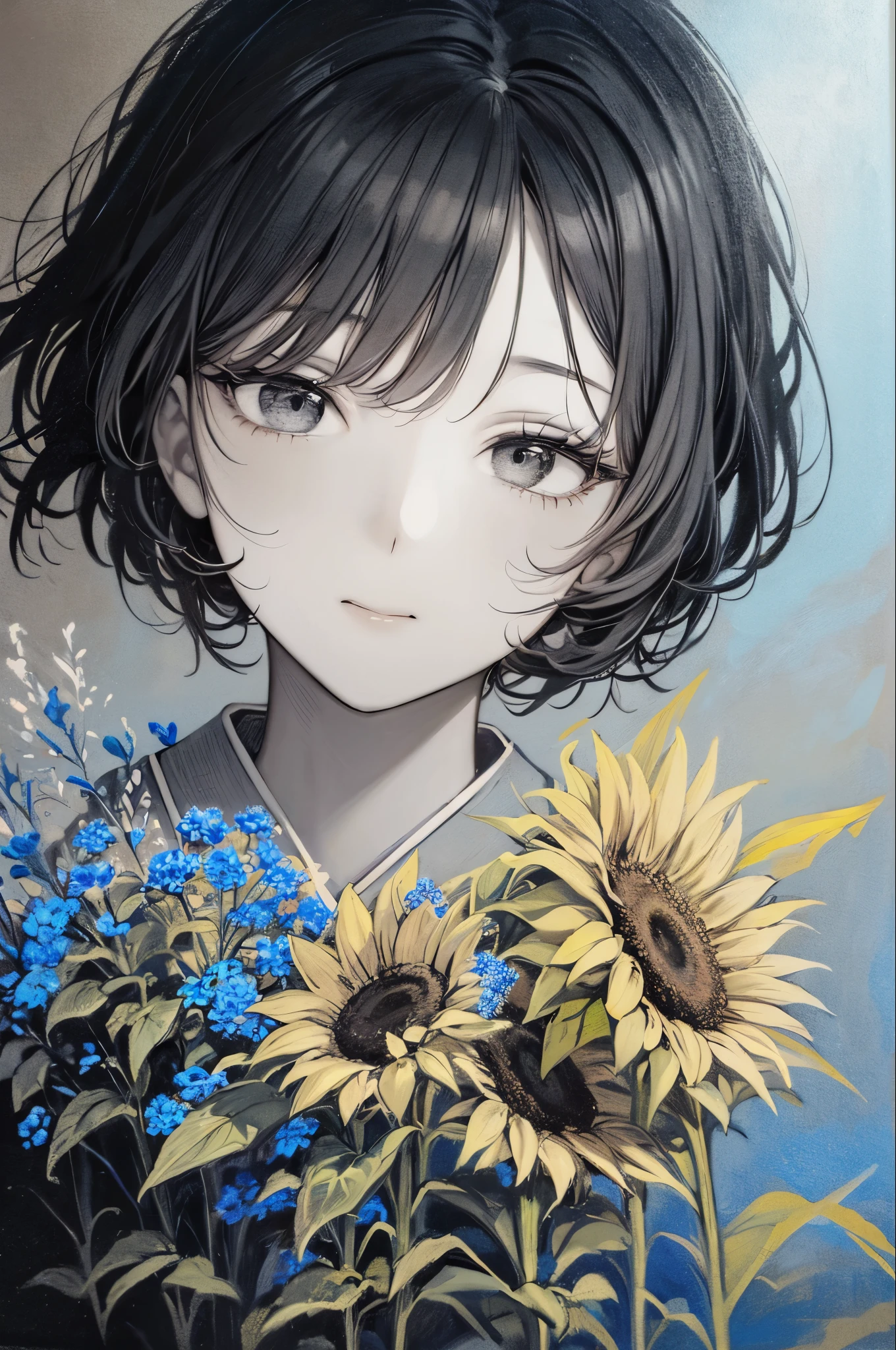 Fictional character composition, Wearing young blue flowers, Surrounded by sunflowers, main character, Open your eyes, His hair was blown by the wind, And the sun heals, Close-up monochrome painting, cute, dream-like, Oil painting style, Acrylic paint,, Japanese, An interesting concept, Funny picture - ar 3:4 - 20 - more than 5