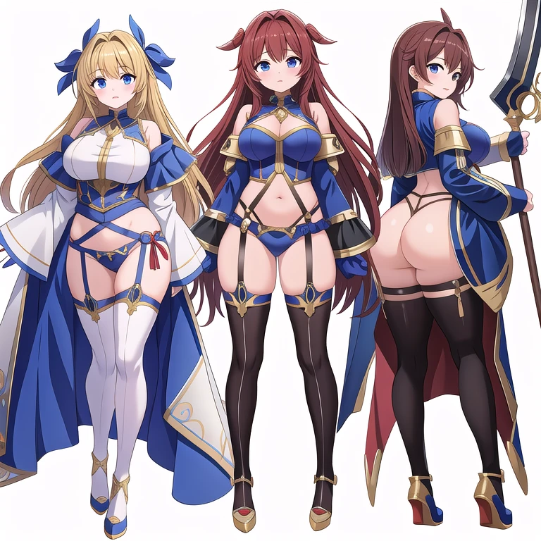 masterpiece, best quality, 3 girls, high fantasy outfits, ((white background)), full body, multiple views, thong, holding weapon,