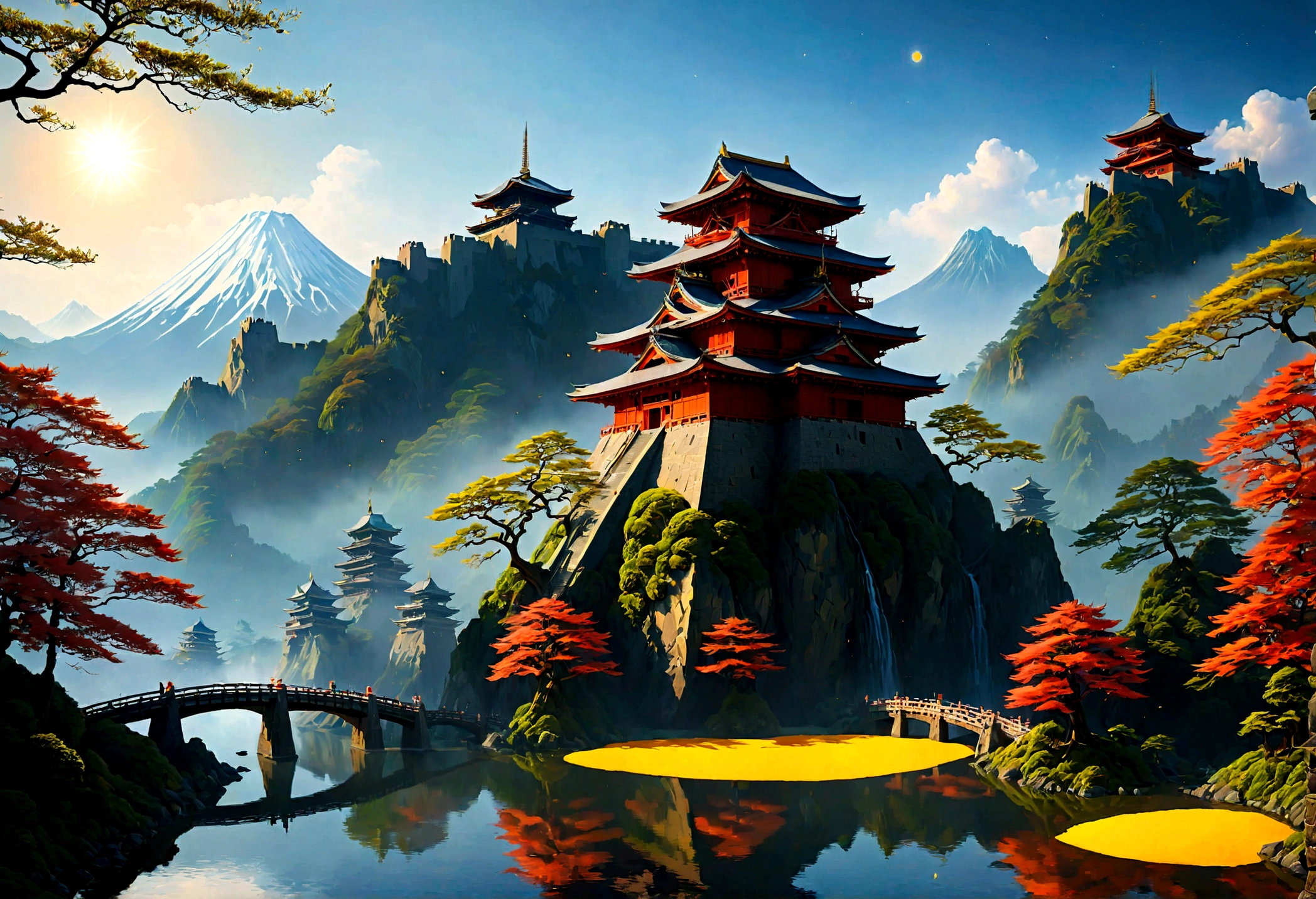 an award winning picture, National Geographic style, Arafed, magnificent artistic picture of a (Japanese medieval castle: 1.4) (masterpiece, best detailed: 1.4)on a mountain range near a lake at dusk, fantasy art D&D art, castle, with towers, turrets, barbican, it is dusk time, the sun is going down, and there are stars in the skies, the last rays of sun, there is a ((bridge lit by torches: 1.4)) crossing to the other side, the castle is being reflected in the water, mist rising from the water, fantasy forest background, ultra best realistic, best details, 16k, [ultra detailed], masterpiece, best quality, (extremely detailed), photorealism, depth of field, hyper realistic painting, Cinematic Hollywood Film style, digital art