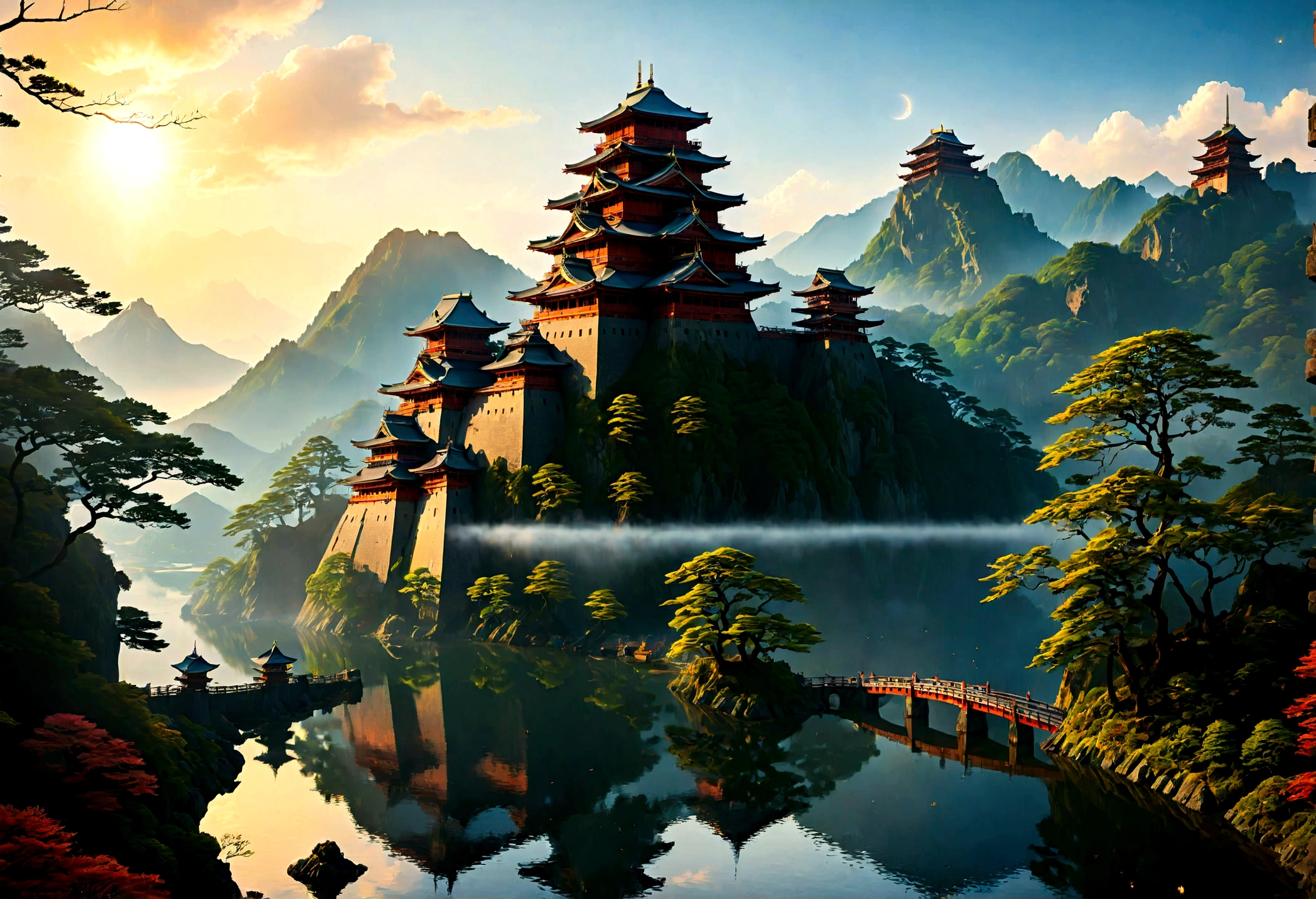 an award winning picture, National Geographic style, Arafed, magnificent artistic picture of a (Japanese medieval castle: 1.4) (masterpiece, best detailed: 1.4)on a mountain range near a lake at dusk, fantasy art D&D art, castle, with towers, turrets, barbican, it is dusk time, the sun is going down, and there are stars in the skies, the last rays of sun, there is a ((bridge lit by torches: 1.4)) crossing to the other side, the castle is being reflected in the water, mist rising from the water, fantasy forest background, ultra best realistic, best details, 16k, [ultra detailed], masterpiece, best quality, (extremely detailed), photorealism, depth of field, hyper realistic painting, Cinematic Hollywood Film style, digital art
