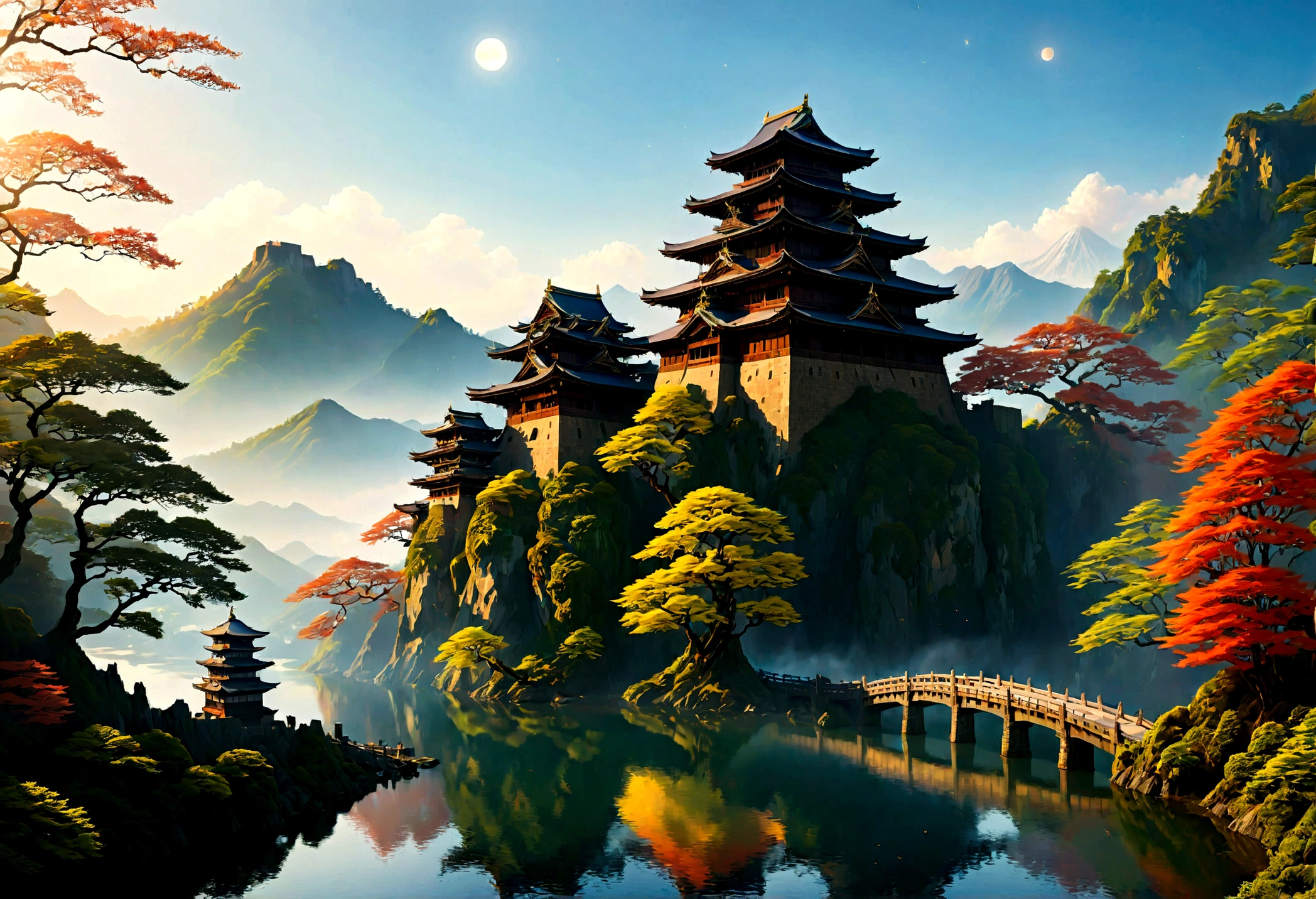 an award winning picture, National Geographic style, Arafed, magnificent artistic picture of a (Japanese medieval castle: 1.4) (masterpiece, best detailed: 1.4)on a mountain range near a lake at dusk, fantasy art D&D art, castle, with towers, turrets, barbican, it is dusk time, the sun is going down, and there are stars in the skies, the last rays of sun, there is a ((bridge lit by torches: 1.4)) crossing to the other side, the castle is being reflected in the water, mist rising from the water, fantasy forest background, ultra best realistic, best details, 16k, [ultra detailed], masterpiece, best quality, (extremely detailed), photorealism, depth of field, hyper realistic painting, Cinematic Hollywood Film style, digital art