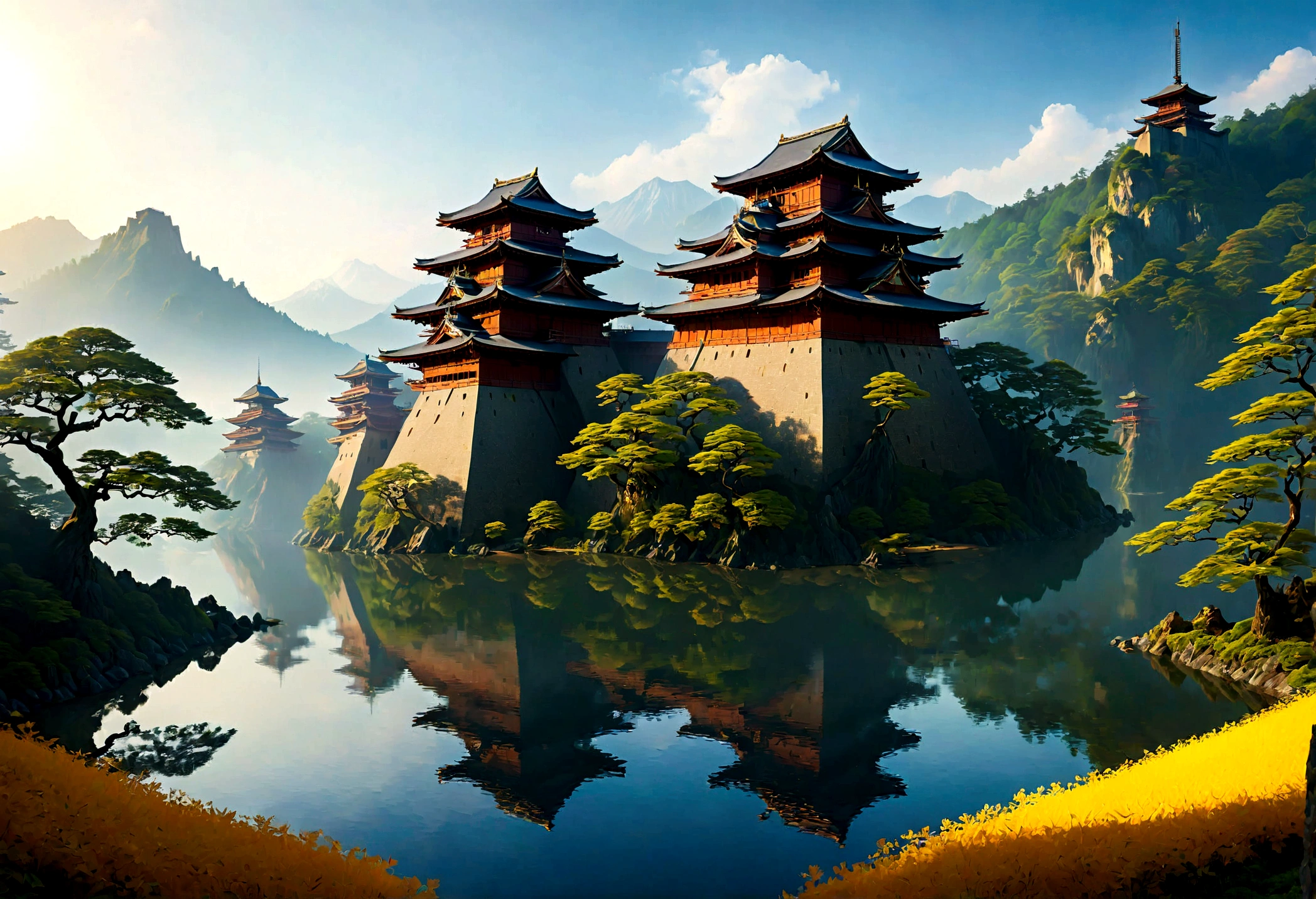 an award winning picture, National Geographic style, Arafed, magnificent artistic picture of a (Japanese medieval castle: 1.4) (masterpiece, best detailed: 1.4)on a mountain range near a lake at dusk, fantasy art D&D art, castle, with towers, turrets, barbican, it is dusk time, the sun is going down, and there are stars in the skies, the last rays of sun, there is a ((bridge lit by torches: 1.4)) crossing to the other side, the castle is being reflected in the water, mist rising from the water, fantasy forest background, ultra best realistic, best details, 16k, [ultra detailed], masterpiece, best quality, (extremely detailed), photorealism, depth of field, hyper realistic painting, Cinematic Hollywood Film style, digital art