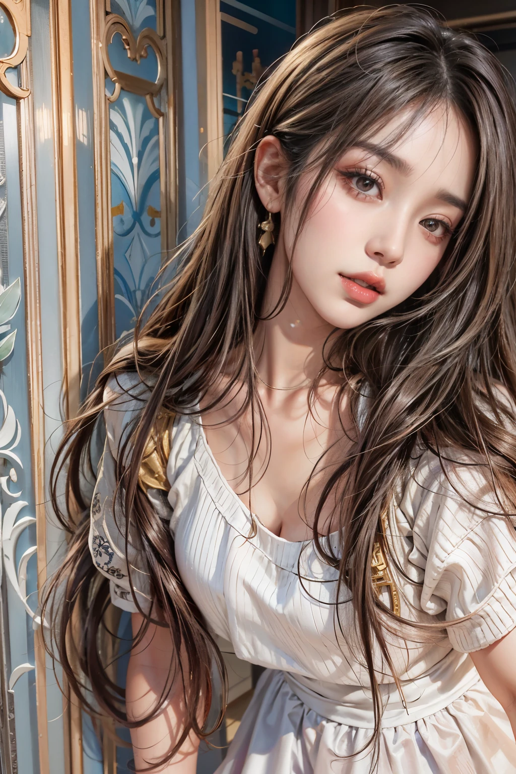 Realistic photos (one cute korean K-POP star) Straight long hair, light makeup, huge firm bouncing bust, Long dress, close, Canon EOS 8K high resolution captures facial features clearly, Sharp details, Realistically, private sweet room, dynamic sexy poses