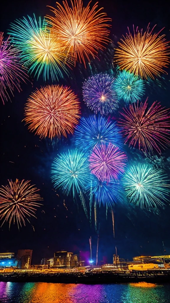 Big city、firework、firework大会、Rainbow-coloredのfireworkが打ちあがっている瞬間、With the night sky、Cyberpunk cityscape、Cyberpunk cityscapeで壮大なfirework、highest quality、masterpiece, (Diffuse reflection of light:1.2), When the fantastic rainbow turns into shadow, bathed in a mystical atmosphere. Surreal lights dance on the water surface, Cast magic spells. evoke a sense of wonder and awe. A fusion of natural grandeur and a touch of magic, Weaving dreams into reality. Behold, null, And the unknown, Fleeting、And an eternal moment, 16k, Ultra-high resolution.Realistic, Ultra-high resolution, to be born, Wide-angle,future、Rainbow-coloredに光り輝く、Rainbow-colored、The world 30 years from now。
