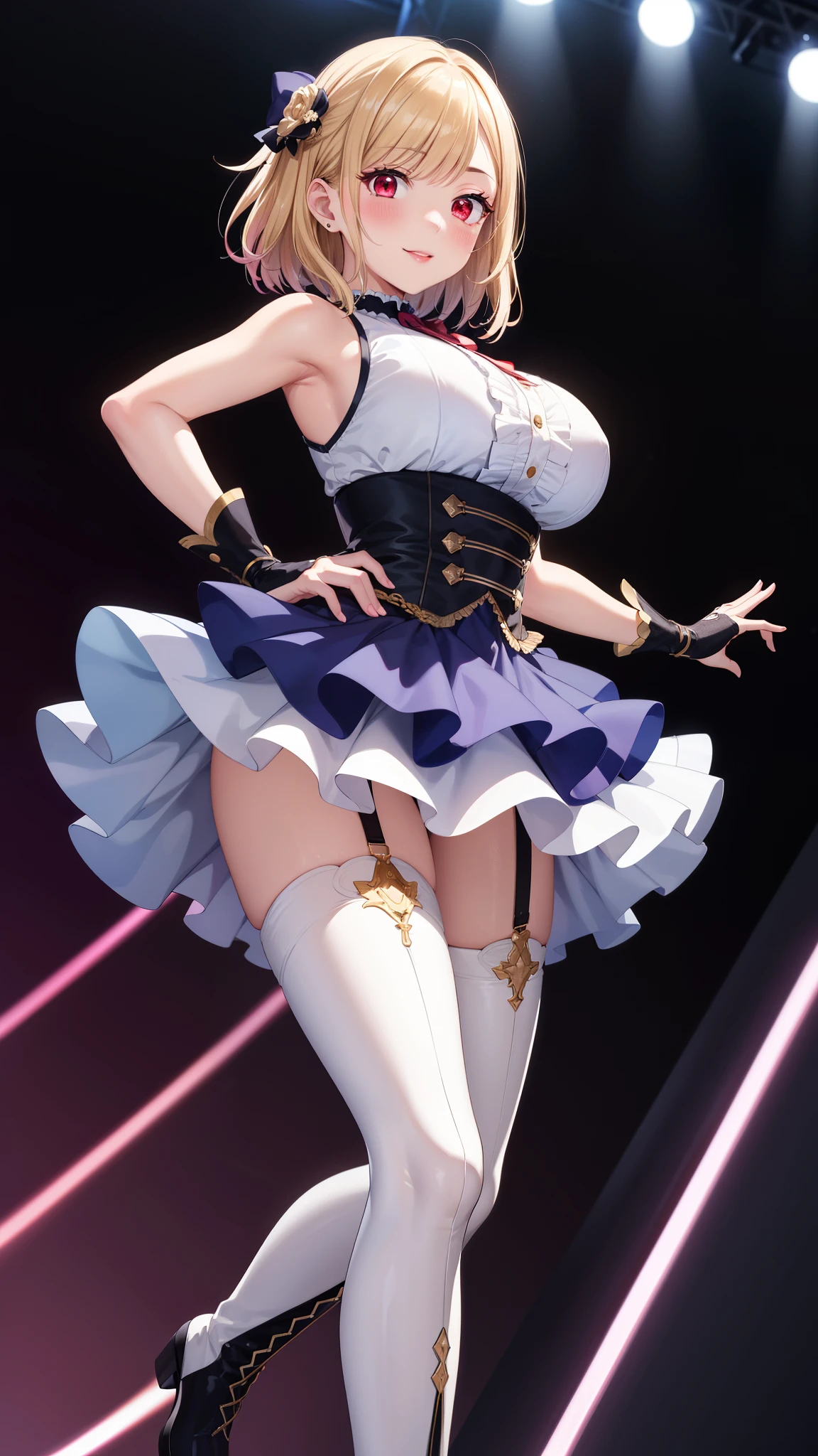 masterpiece, ultra-detailed, illustration, game cg, best quality, highres, kitagawa marin, 1girl, short fluffy blonde hair, swept bangs, gradient hair, red eyes, glossy lips, light smile, blush, large breasts, sleeveless idol dress, very puffy skirt, flared skirt, thigh highs, heeled boots