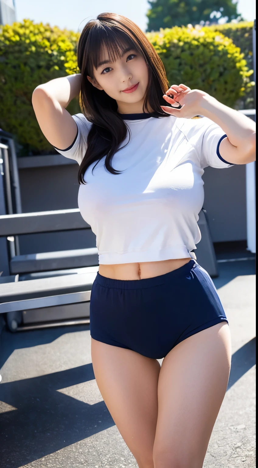 Head to knee portrait、alone、high school girl、White skin、Natural Makeup、Black Hair、bangs、Straight Long Hair、((School-designated gym clothes))、((The upper body is a white short-sleeved gym uniform))、((Long white gym clothes))、(((Very tight bloomers)))、(((Low-rise bloomers)))、((Navy Bloomer))、(((Tuck the bottom of your gym clothes into your bloomers)))、Big Breasts、No bra、Big Ass、((The upper body is wearing gym clothes))、(((Schoolyard)))、((Realistic fingers))