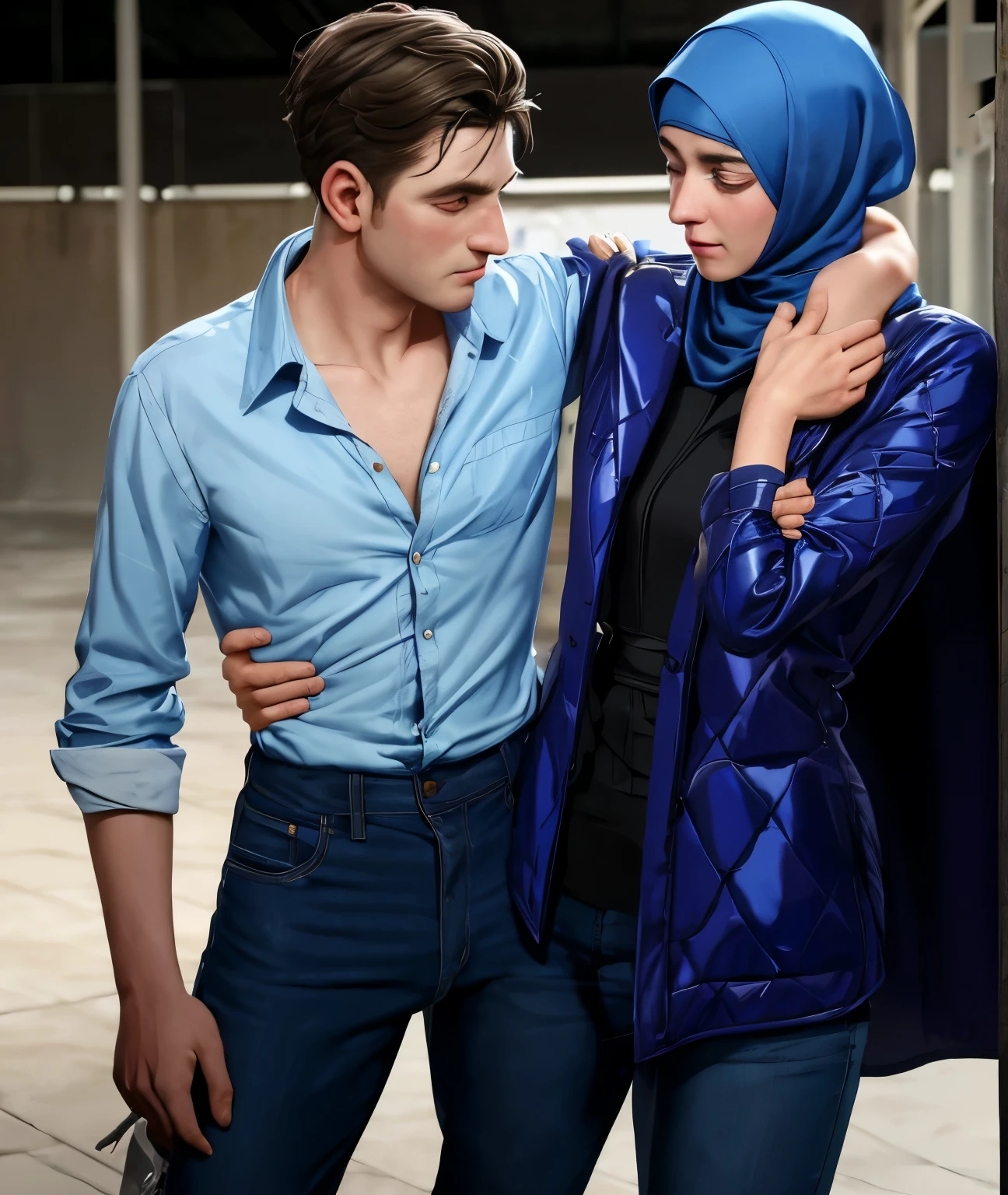 A young German man in a blue cotton shirt and jeans and a Syrian woman in a shiny plastic quilted coat and blue satin headscarf stand arm in arm in front of a refugee shelter, A German man in a cotton shirt and jeans is injured and is supported by a Syrian woman, A Syrian woman wearing a shiny plastic down coat supports an injured short-haired man, who can't walk alone, A Syrian woman wearing a headscarf holds an injured short-haired man in her arms, compassion, accident, injury, first aid, theater, ultra-realistic, photo