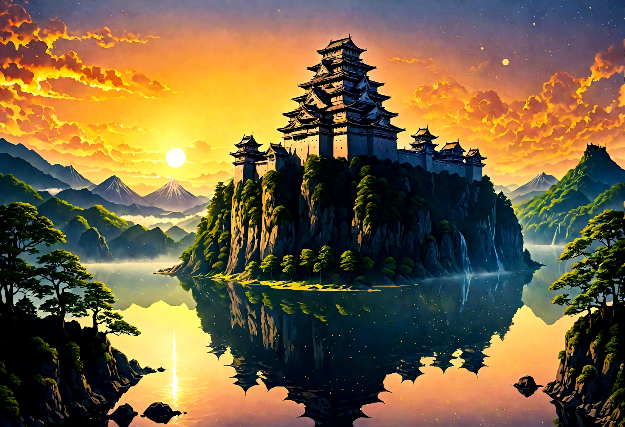 an award winning picture, National Geographic style, Arafed, magnificent artistic picture of a (Japanese medieval castle: 1.4) (masterpiece, best detailed: 1.4)on a mountain range near a lake at dusk, fantasy art D&D art, castle, with towers, turrets, barbican, it is dusk time, the sun is going down, and there are stars in the skies, the last rays of sun, there is a ((bridge lit by torches: 1.4)) crossing to the other side, the castle is being reflected in the water, mist rising from the water, fantasy forest background, ultra best realistic, best details, 16k, [ultra detailed], masterpiece, best quality, (extremely detailed), photorealism, depth of field, hyper realistic painting, Cinematic Hollywood Film style, digital art