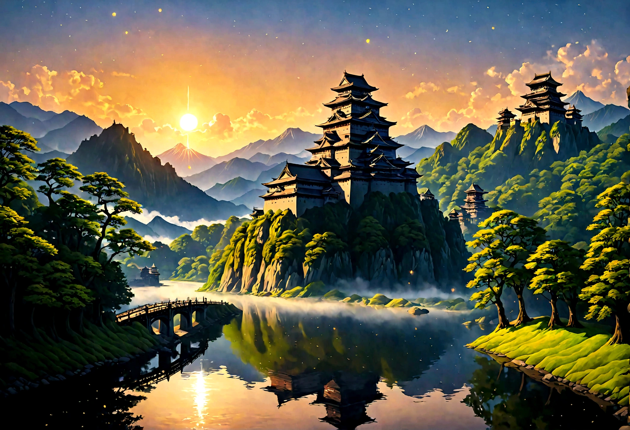 an award winning picture, National Geographic style, Arafed, magnificent artistic picture of a (Japanese medieval castle: 1.4) (masterpiece, best detailed: 1.4)on a mountain range near a lake at dusk, fantasy art D&D art, castle, with towers, turrets, barbican, it is dusk time, the sun is going down, and there are stars in the skies, the last rays of sun, there is a ((bridge lit by torches: 1.4)) crossing to the other side, the castle is being reflected in the water, mist rising from the water, fantasy forest background, ultra best realistic, best details, 16k, [ultra detailed], masterpiece, best quality, (extremely detailed), photorealism, depth of field, hyper realistic painting, Cinematic Hollywood Film style, digital art