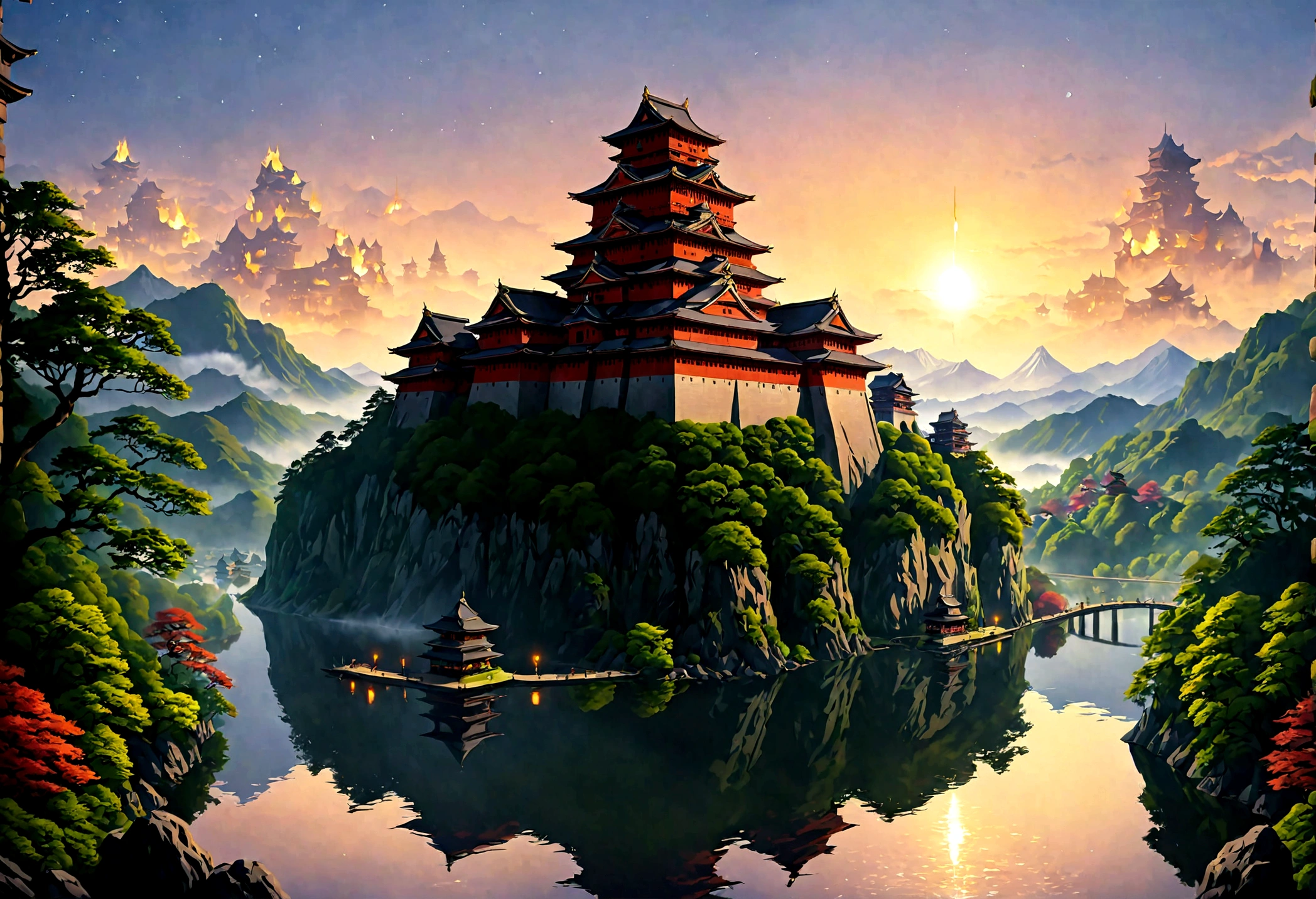 an award winning picture, National Geographic style, Arafed, magnificent artistic picture of a (Japanese medieval castle: 1.4) (masterpiece, best detailed: 1.4)on a mountain range near a lake at dusk, fantasy art D&D art, castle, with towers, turrets, barbican, it is dusk time, the sun is going down, and there are stars in the skies, the last rays of sun, there is a ((bridge lit by torches: 1.4)) crossing to the other side, the castle is being reflected in the water, mist rising from the water, fantasy forest background, ultra best realistic, best details, 16k, [ultra detailed], masterpiece, best quality, (extremely detailed), photorealism, depth of field, hyper realistic painting, Cinematic Hollywood Film style, digital art