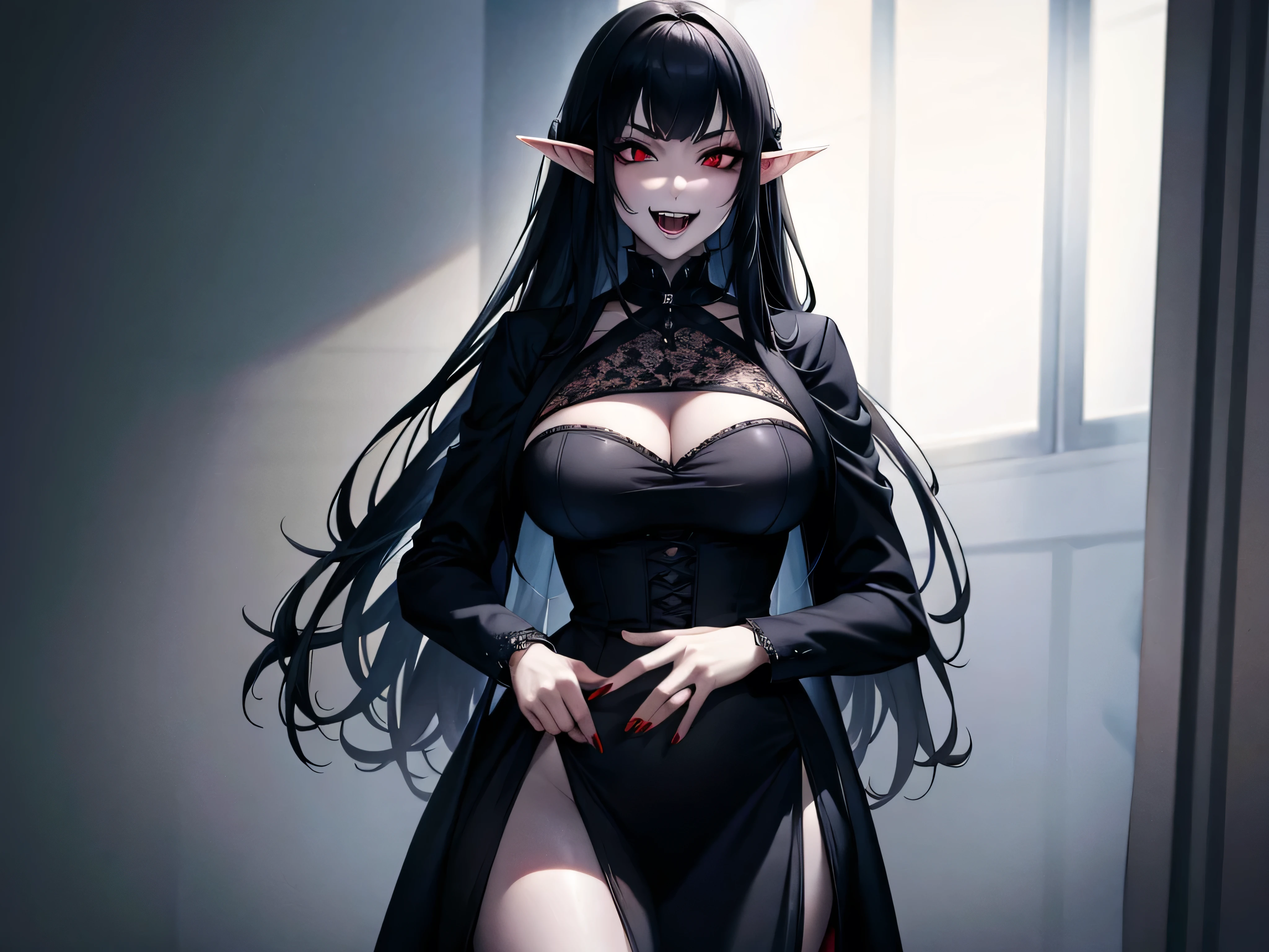 1 Woman, Elf, matured, fangs, vampire fangs, sharp face, rape face, evil grin, smug, arrogant, seductive, pale skin, white skin, black hair, long hair, hair covering right eye, pointy ears, red eyes, lips, black lipstick, thicc, large breasts, large buttocks, black dress, Victorian goth dress, absurdres, high res, ultrasharp, 8K, masterpiece, looking at viewer