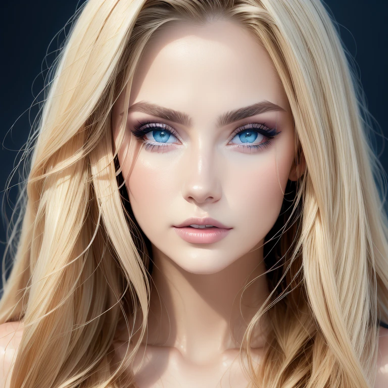1girl, bare shoulders, blonde hair, blue eyes, detailed eyes, lips, lipstick, long hair, looking at viewer, makeup, parted lips, realistic, solo high quality, detailed, 8k, masterpiece